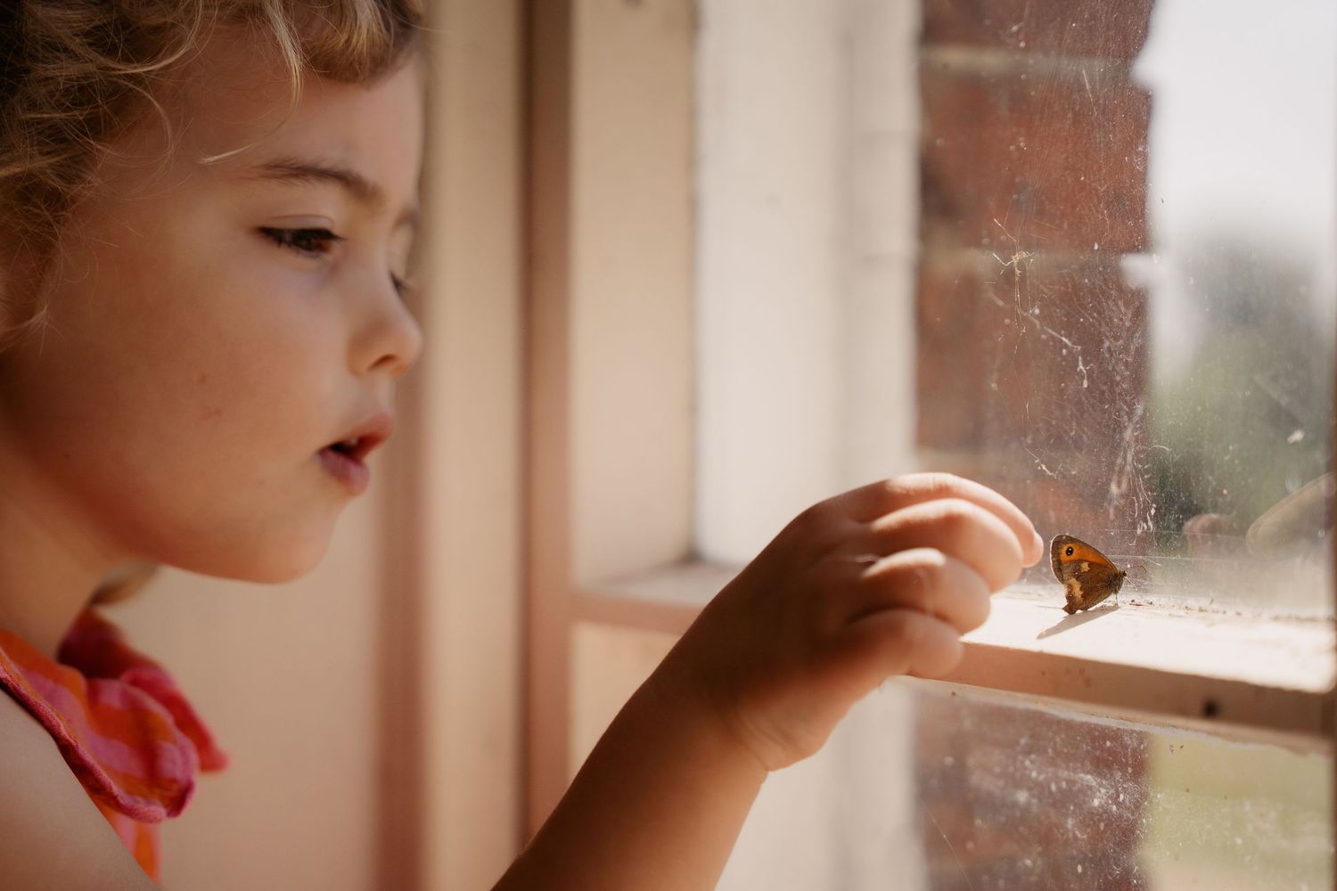 Girl by the window watching a butterfly rest on the glass, captured in soft natural light during a family maternity photoshoot