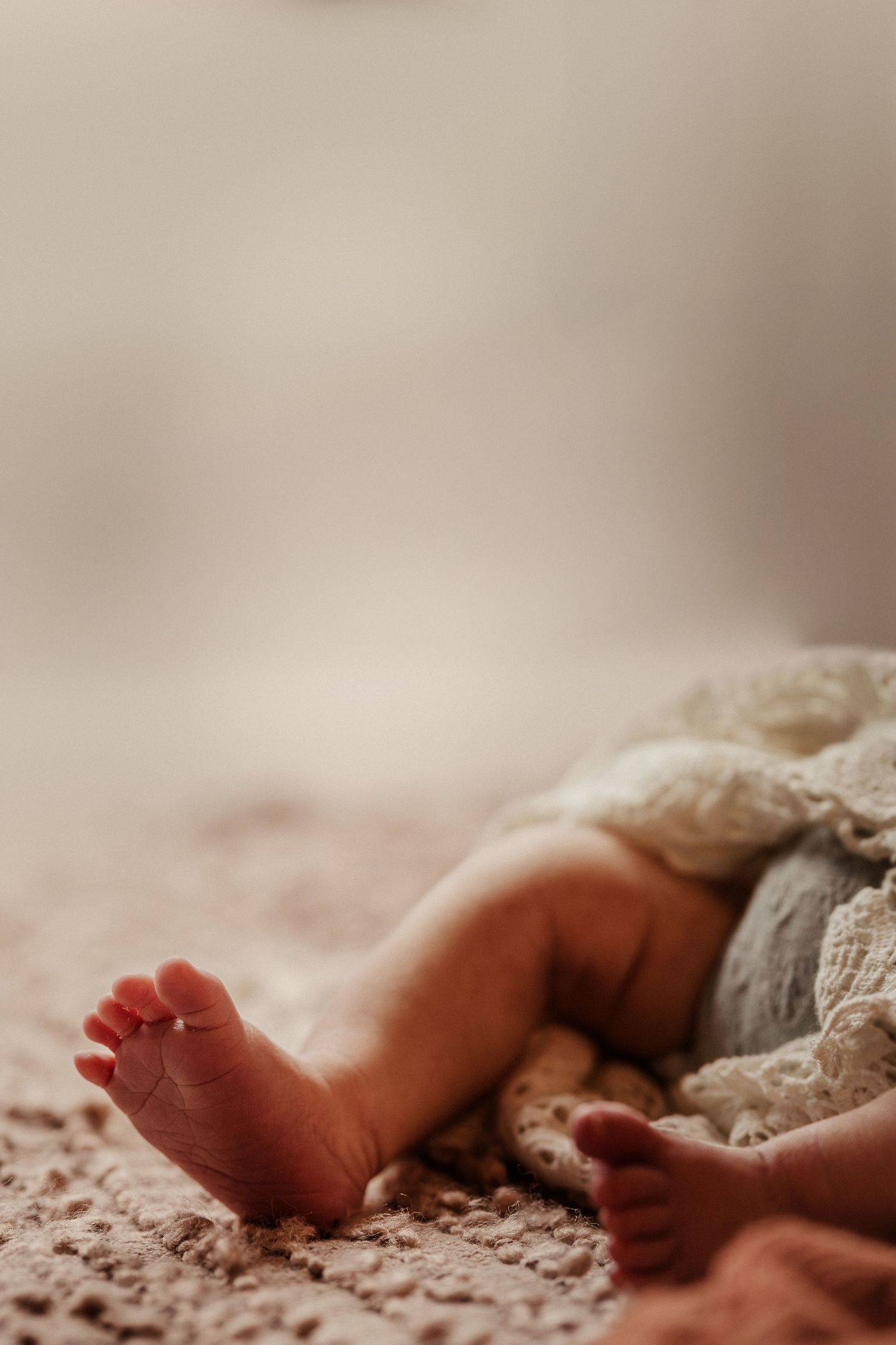Close-up of newborn feet resting on a blanket during a soft natural light lifestyle newborn session.