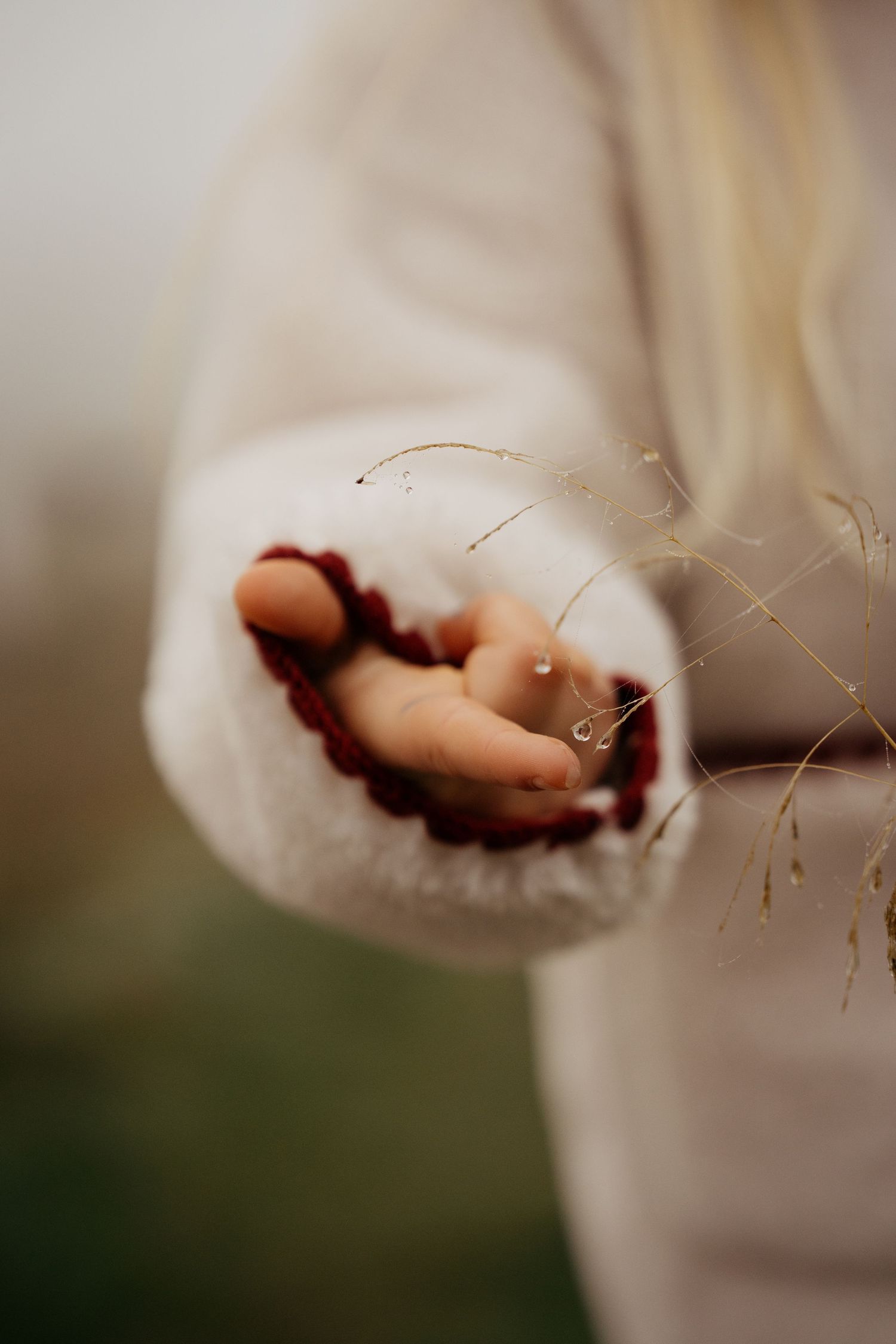 Child holding tiny seeds in an open palm during a quiet outdoor documentary childhood photoshoot.