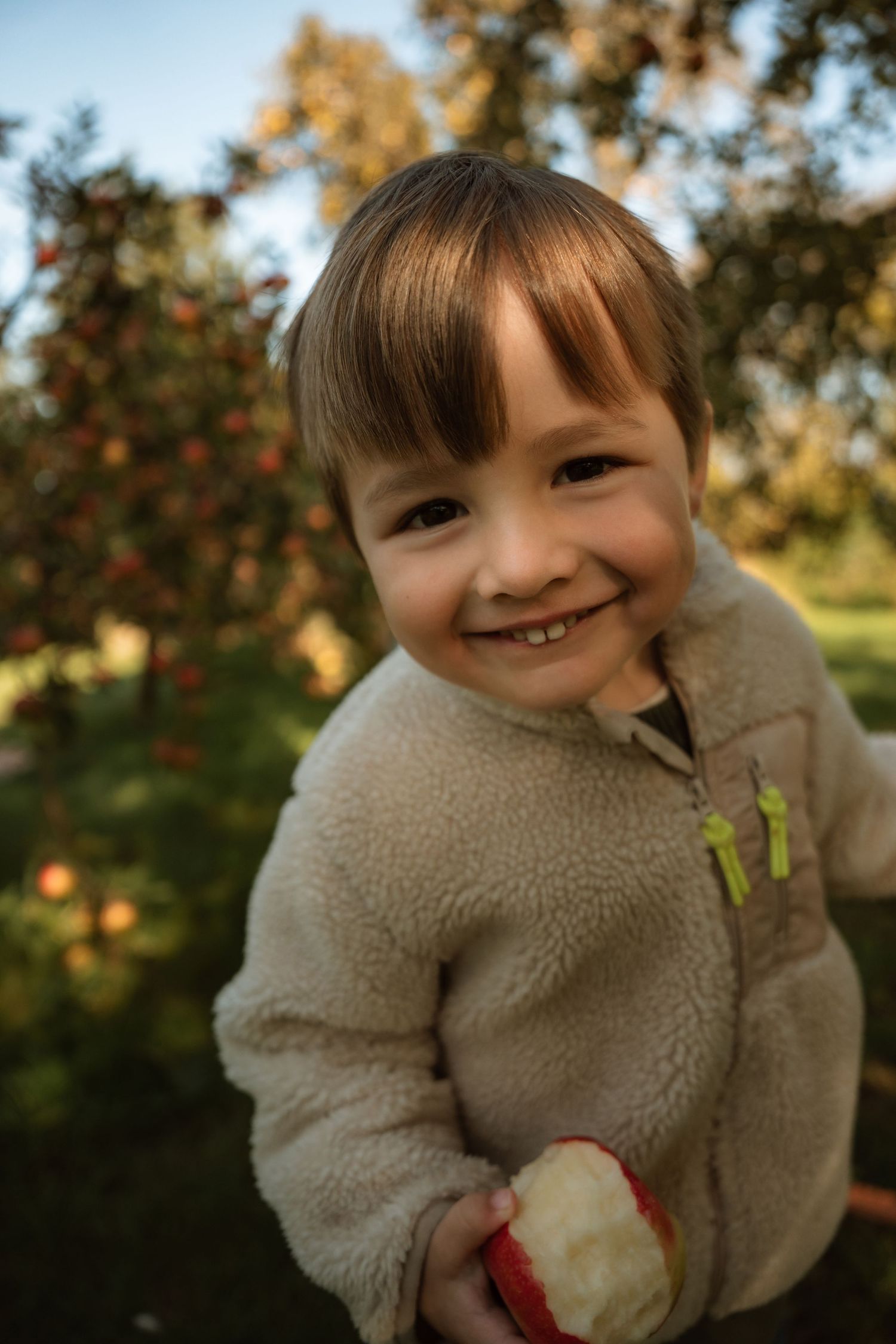 Smiling toddler holding an apple in an orchard, standing among trees with soft sunlight and greenery around