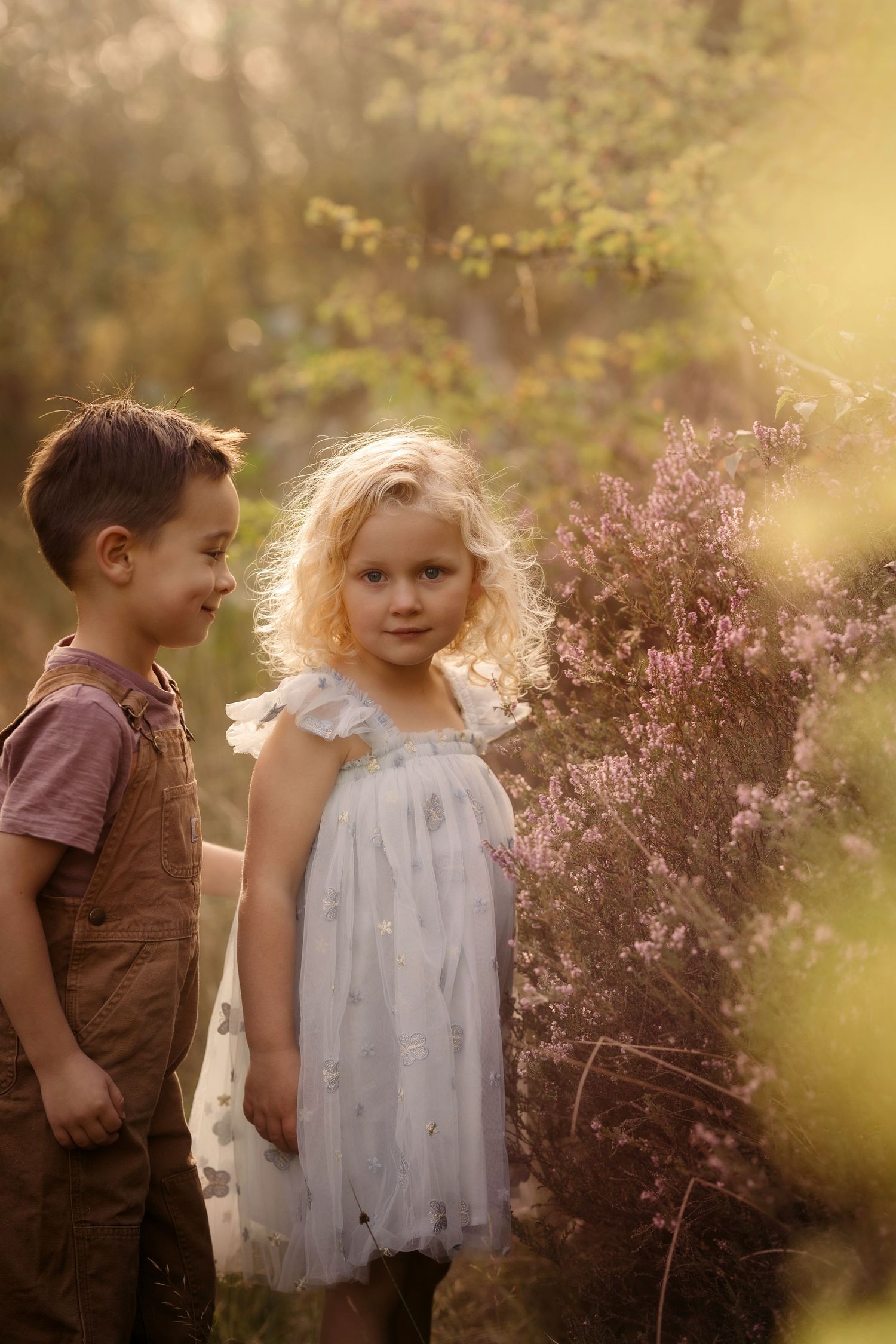 Boy and girl stand together in soft golden light in heathers during a dreamy woodland family photoshoot in Oversal