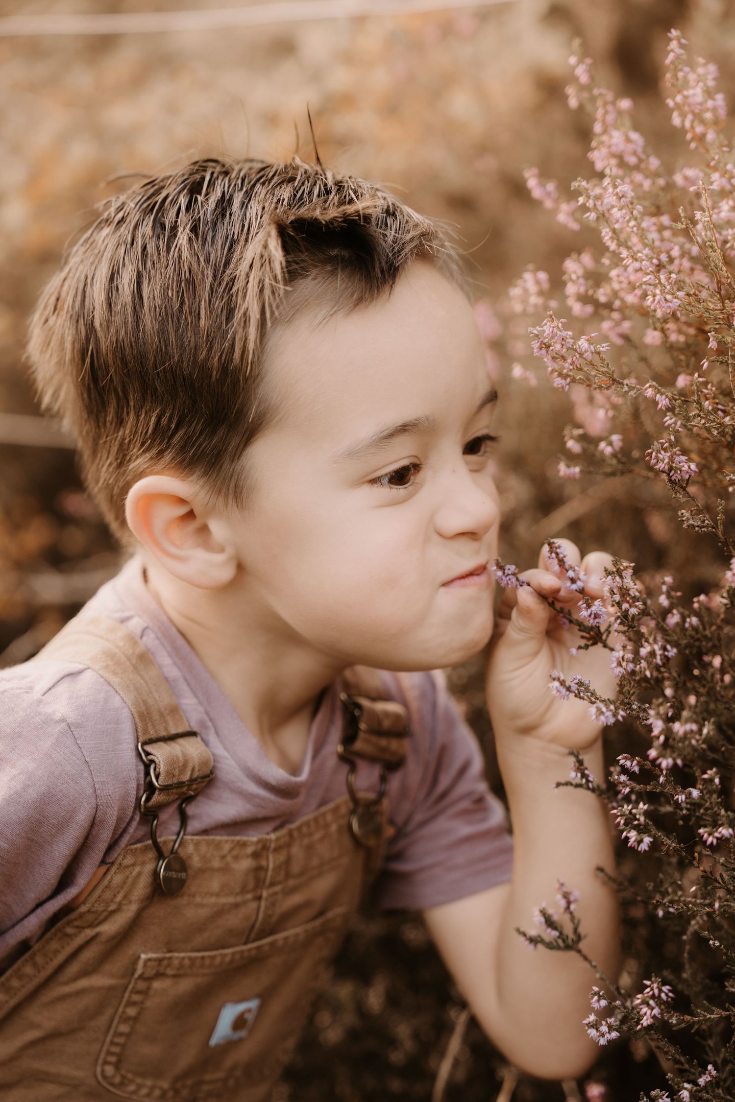 Young child smelling wildflowers outdoors