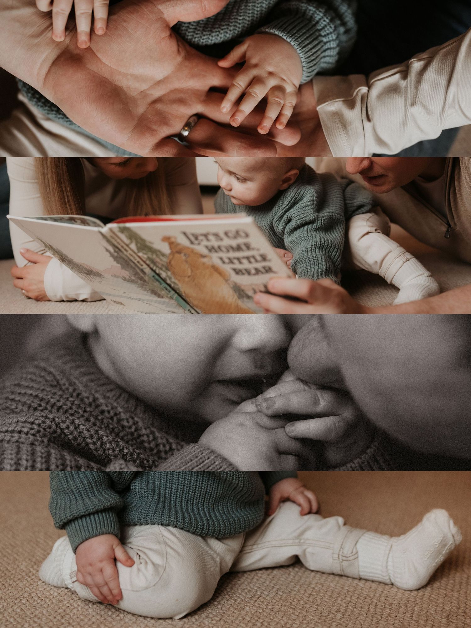 Family lifestyle collage showing baby hands, reading moments, and tender cuddles during a home photoshoot in Coalville