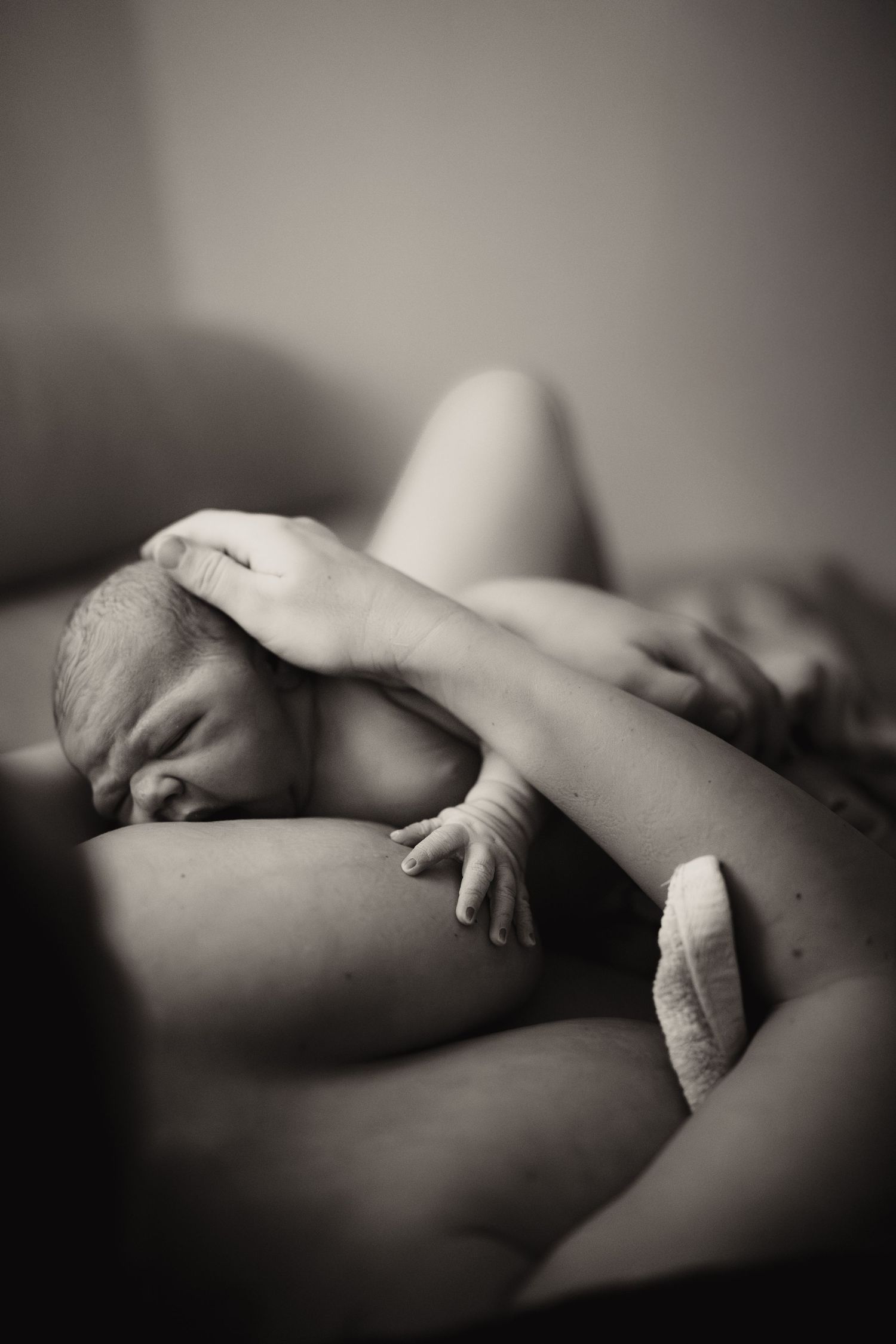 Newborn resting skin-to-skin with a parent during a quiet documentary newborn photoshoot at home