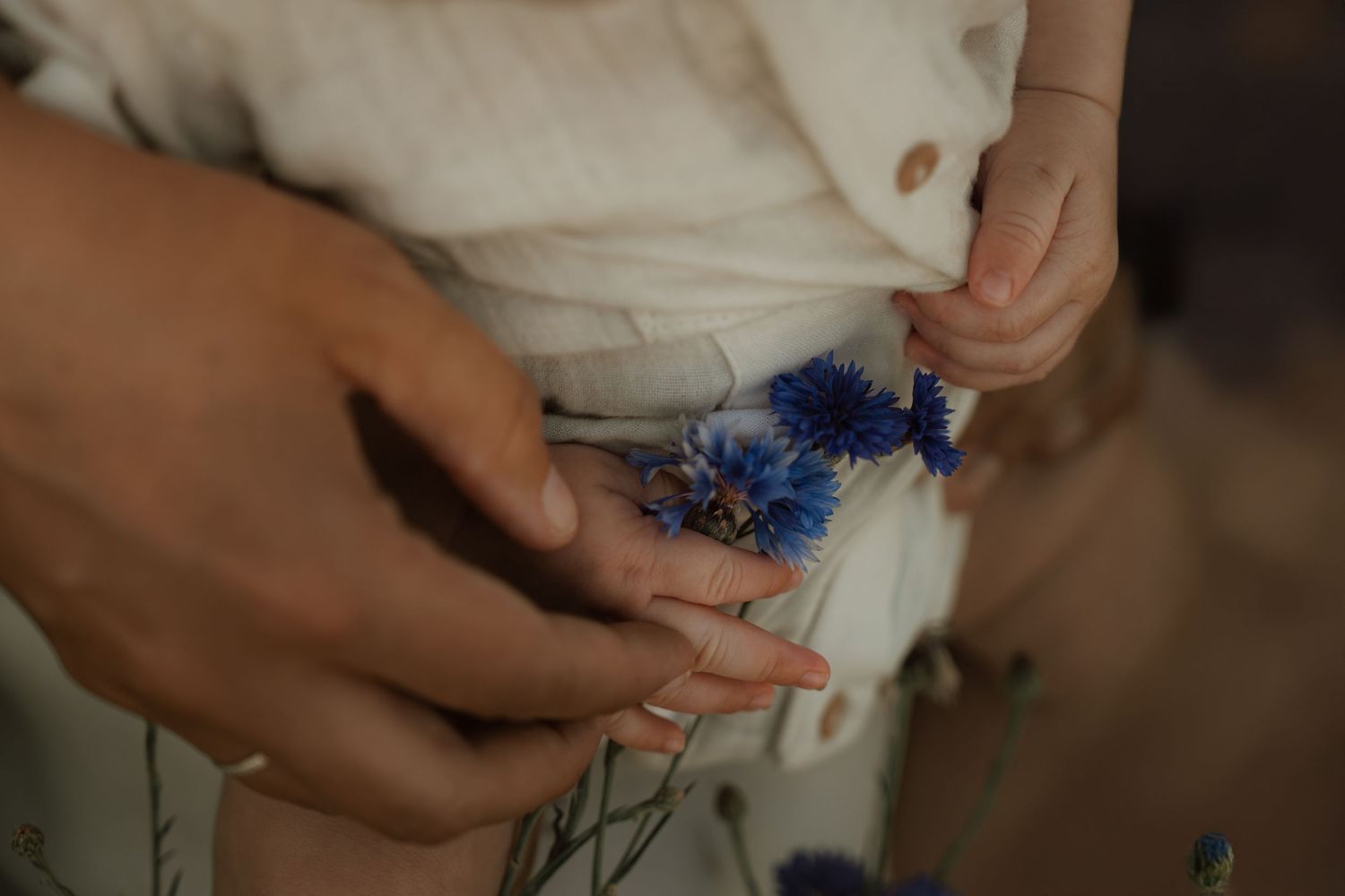 Mother’s and child’s hands gently gathering blue cornflowers – storytelling photography capturing tender connection.