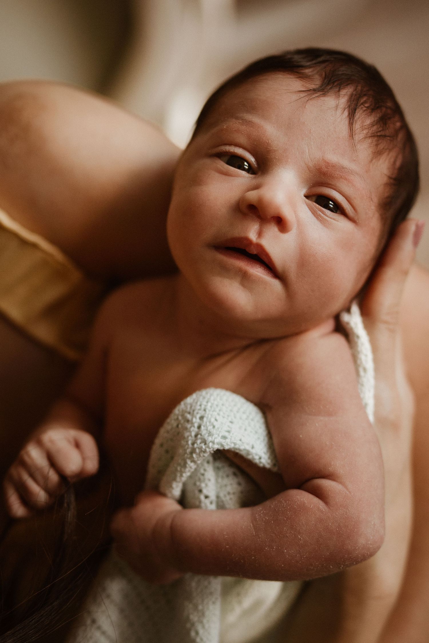 Newborn being gently held during a calm lifestyle newborn photoshoot at home in natural light.