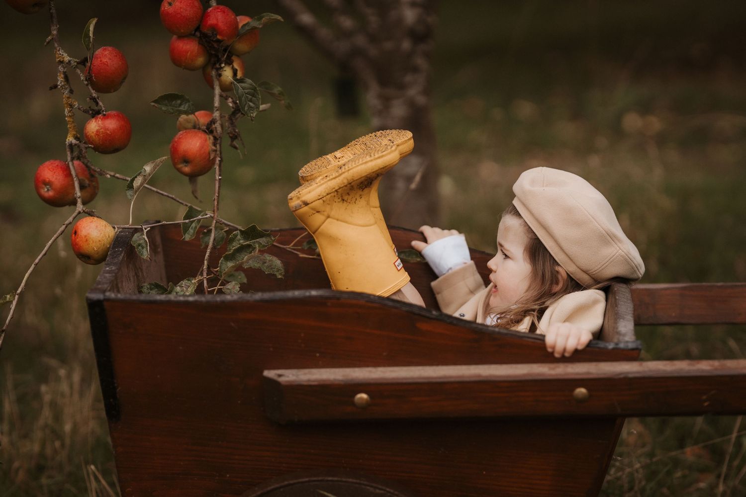 Child sitting in a wooden cart in an orchard during a playful outdoor documentary childhood photoshoot in Tamworth