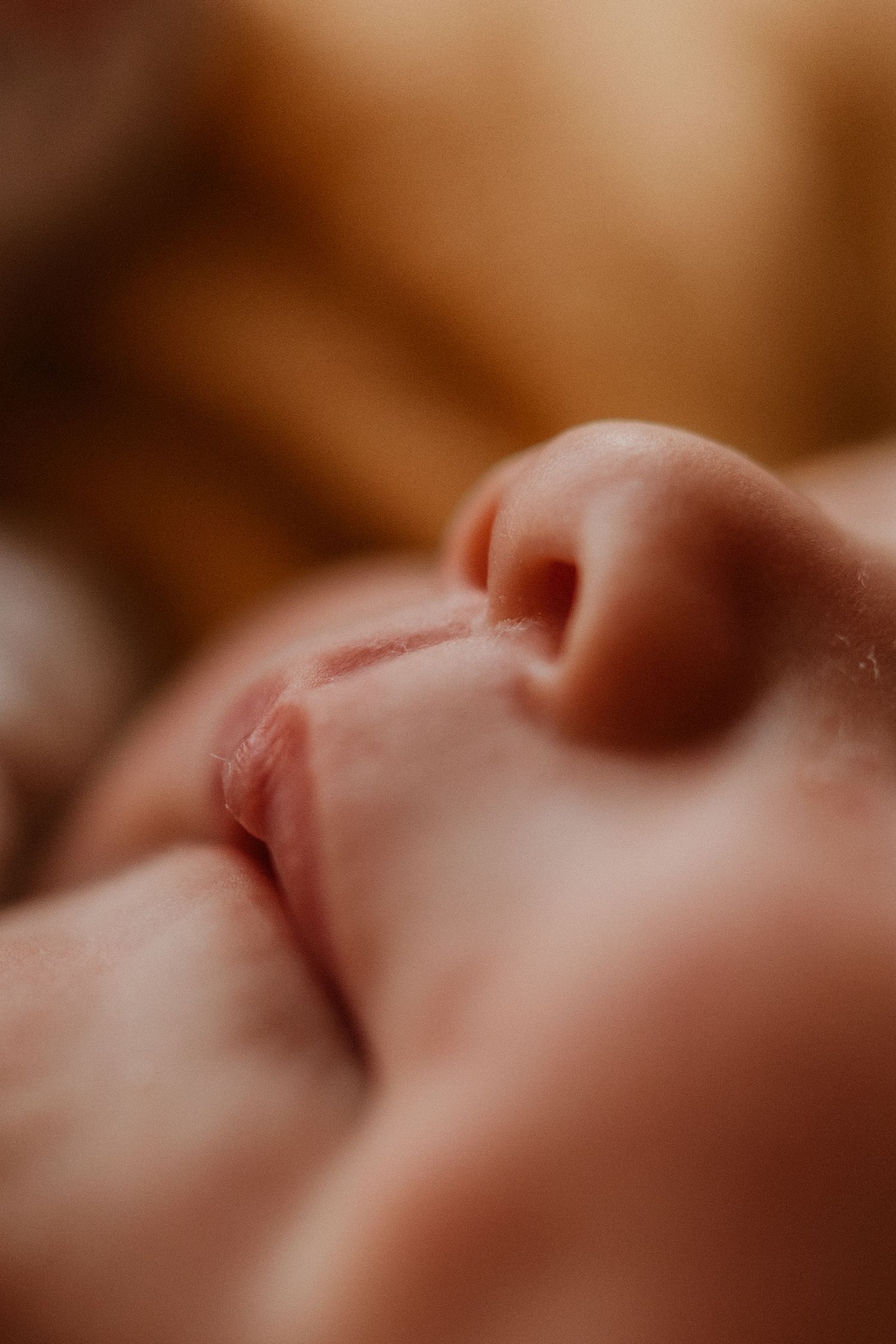 Close-up of a newborn’s lips and nose during a soft natural light documentary newborn photoshoot in