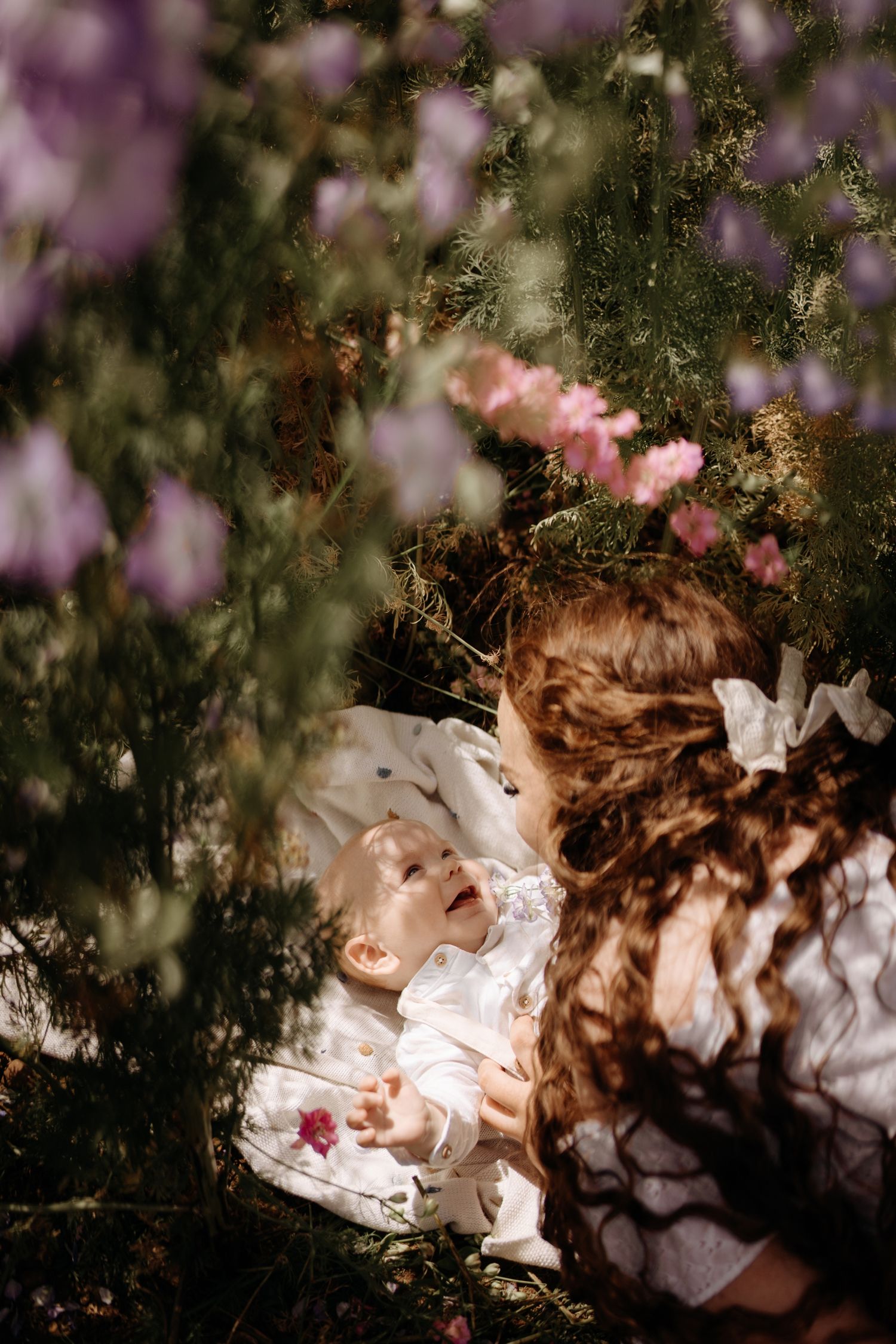 Family session at Shropshire Petals Field - mum and baby in the delphinium field