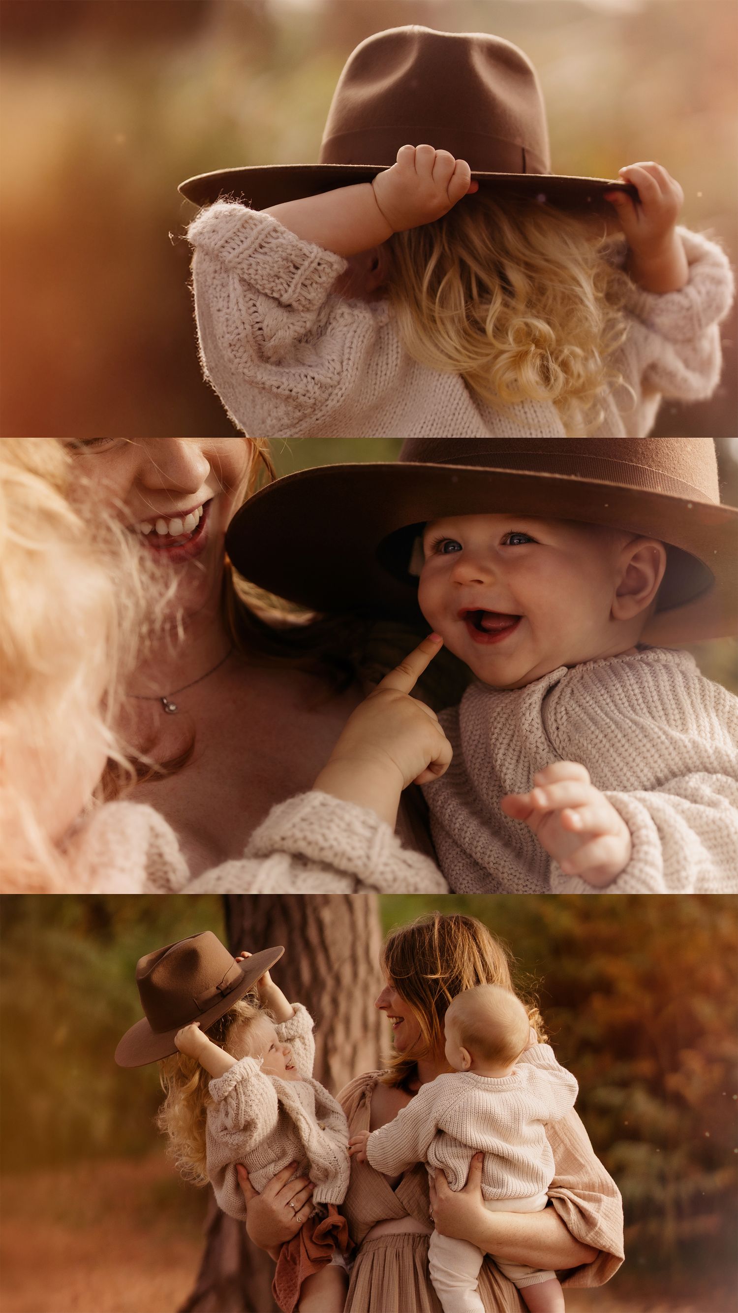 Child hides under a wide hat, laughing in the autumn sun during a playful outdoor shoot in Lickey Hills.Family cuddles in warm tones