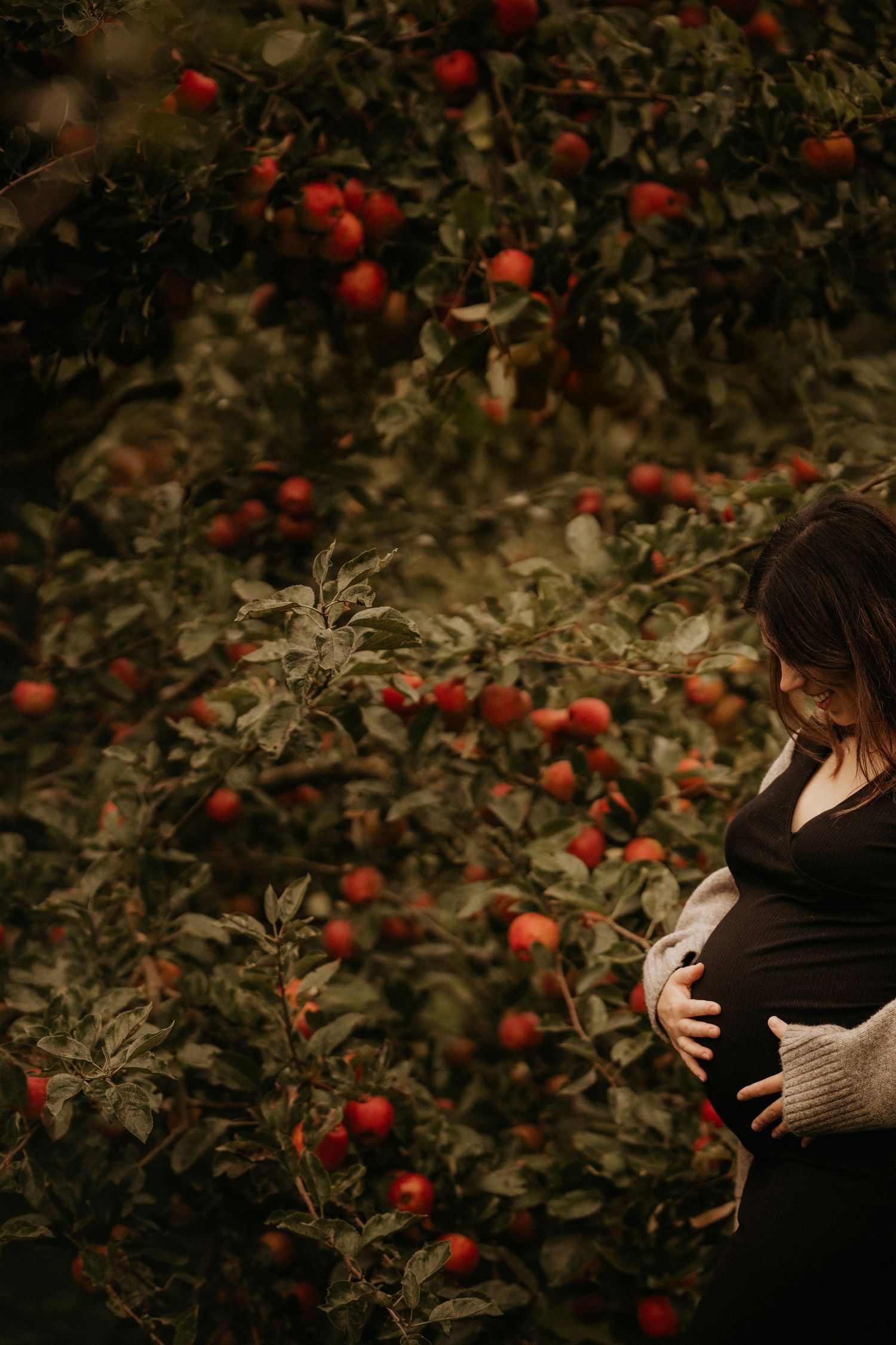 Expecting mother stands among apple trees, gently holding her bump in warm autumn tones.