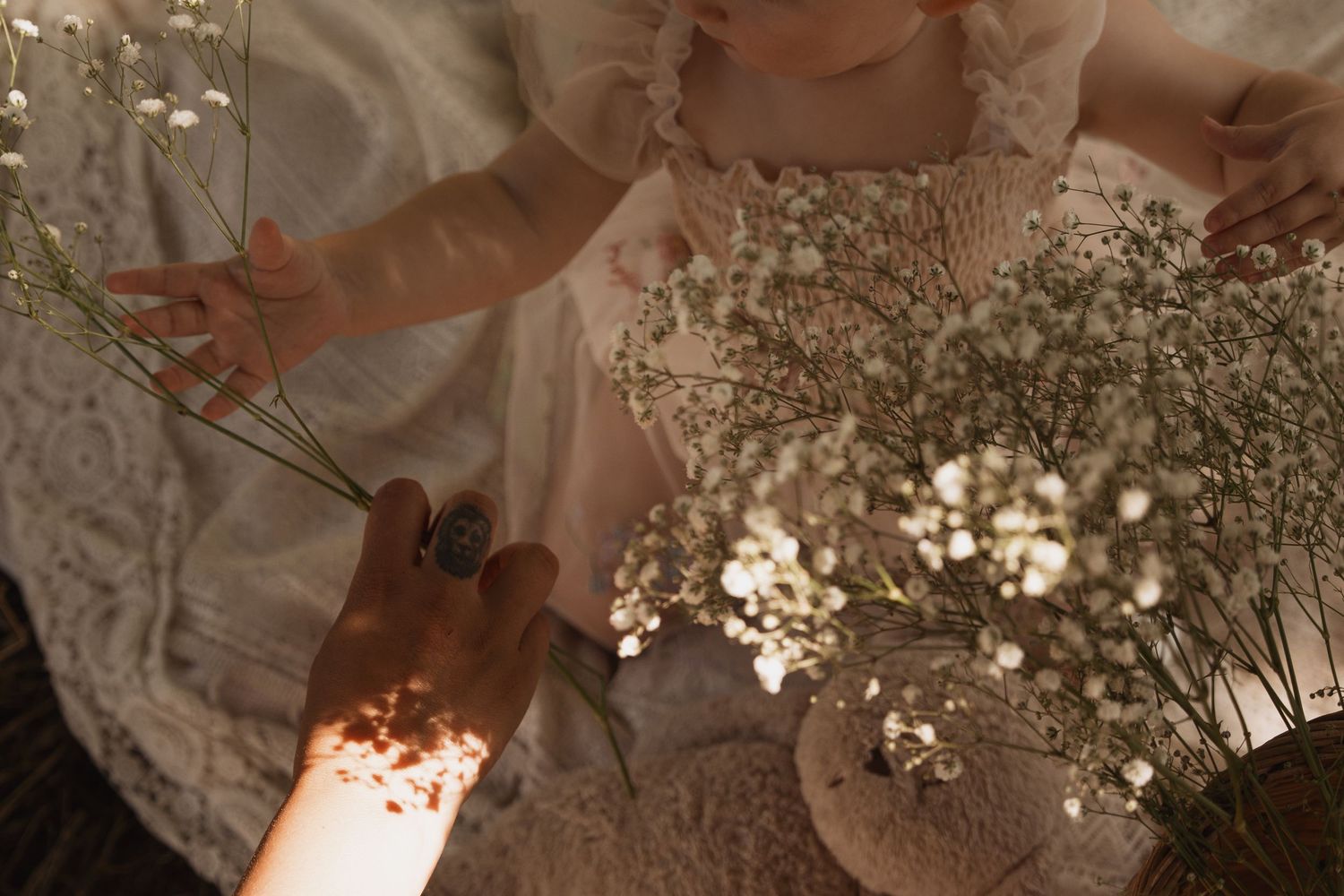 Baby reaching for wildflowers in warm light during an intimate storytelling first birthday photoshoot