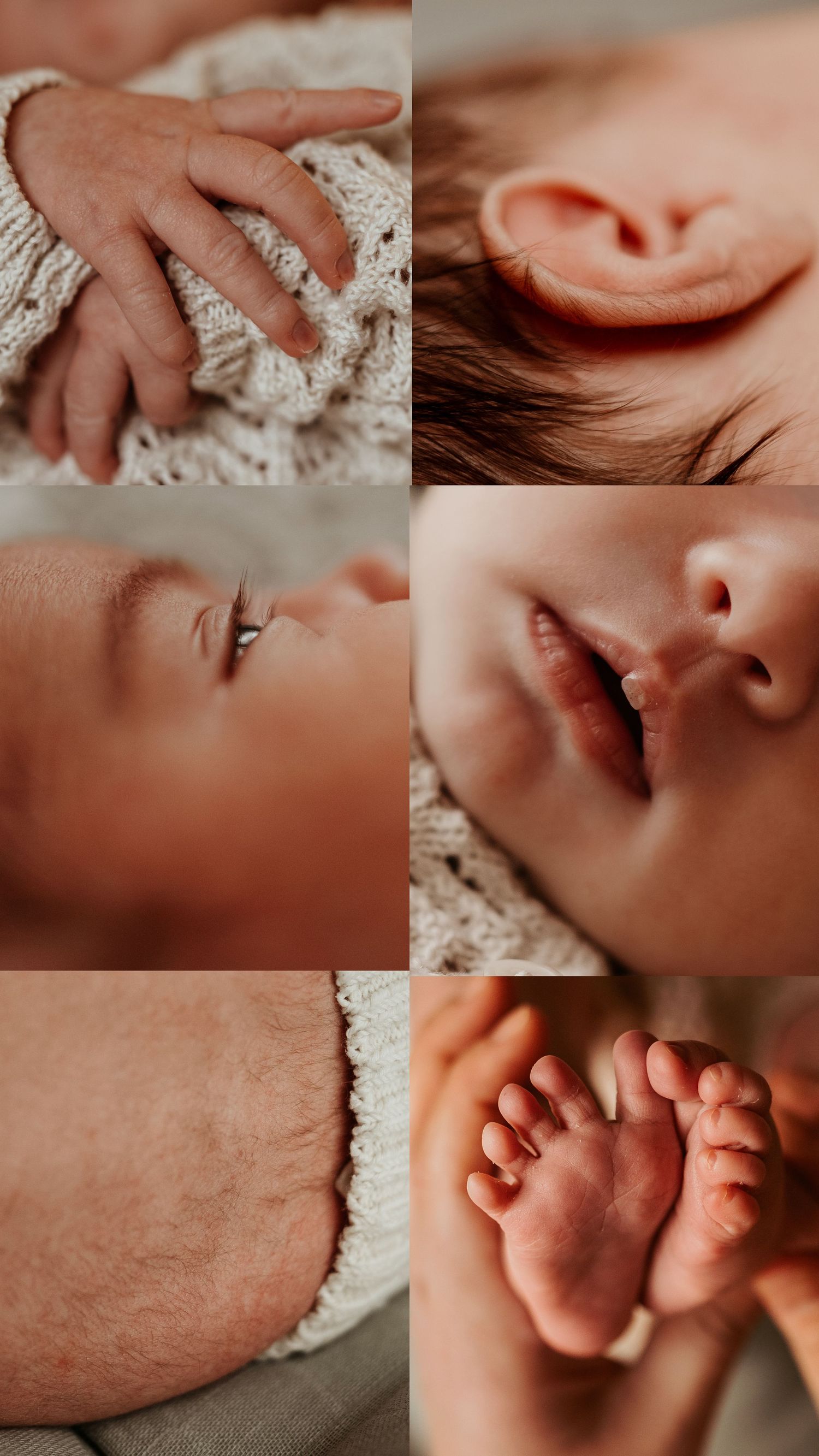Newborn baby photography collage highlighting delicate features, hands, and feet in natural light.