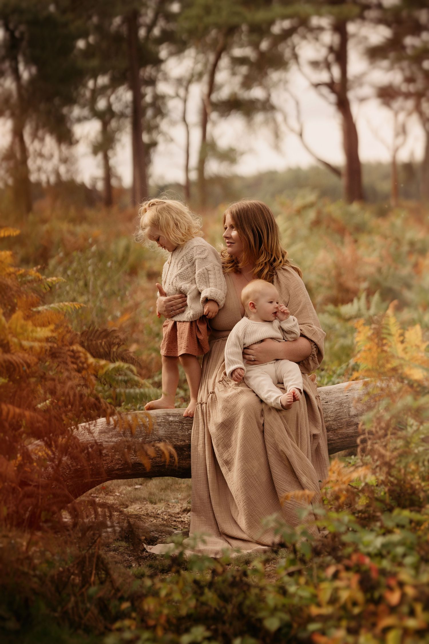 Mother holds her children among autumn ferns during a warm storytelling family photoshoot at Lickey Hills.