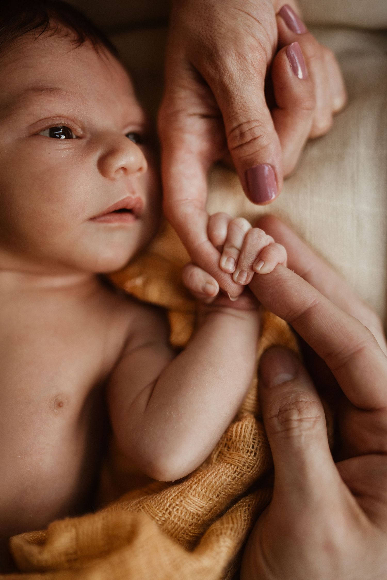 Parent holding a newborn’s tiny fingers during an intimate lifestyle newborn photoshoot at home.