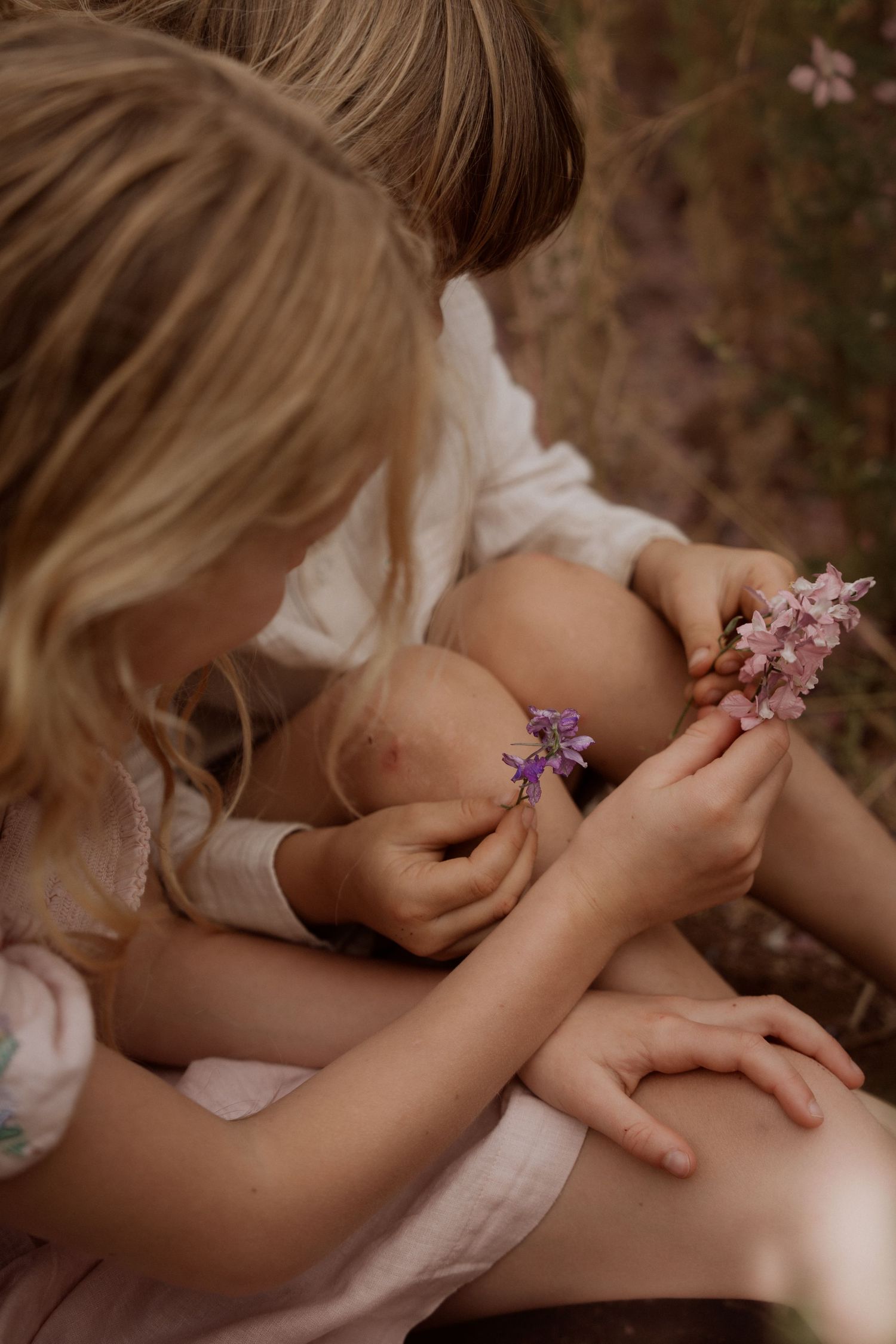 a detail up of kids touching delphinium flowers in full bloom during Confetti Delphinium Field Photoshoot