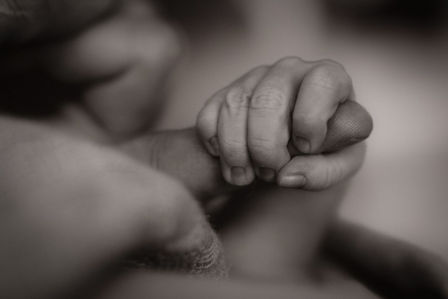 Parent holding a newborn’s tiny fingers during an intimate lifestyle newborn photoshoot at home.