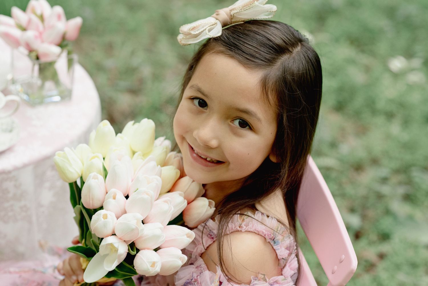 Outdoor Tea Party Spring Session Close Up with tulips