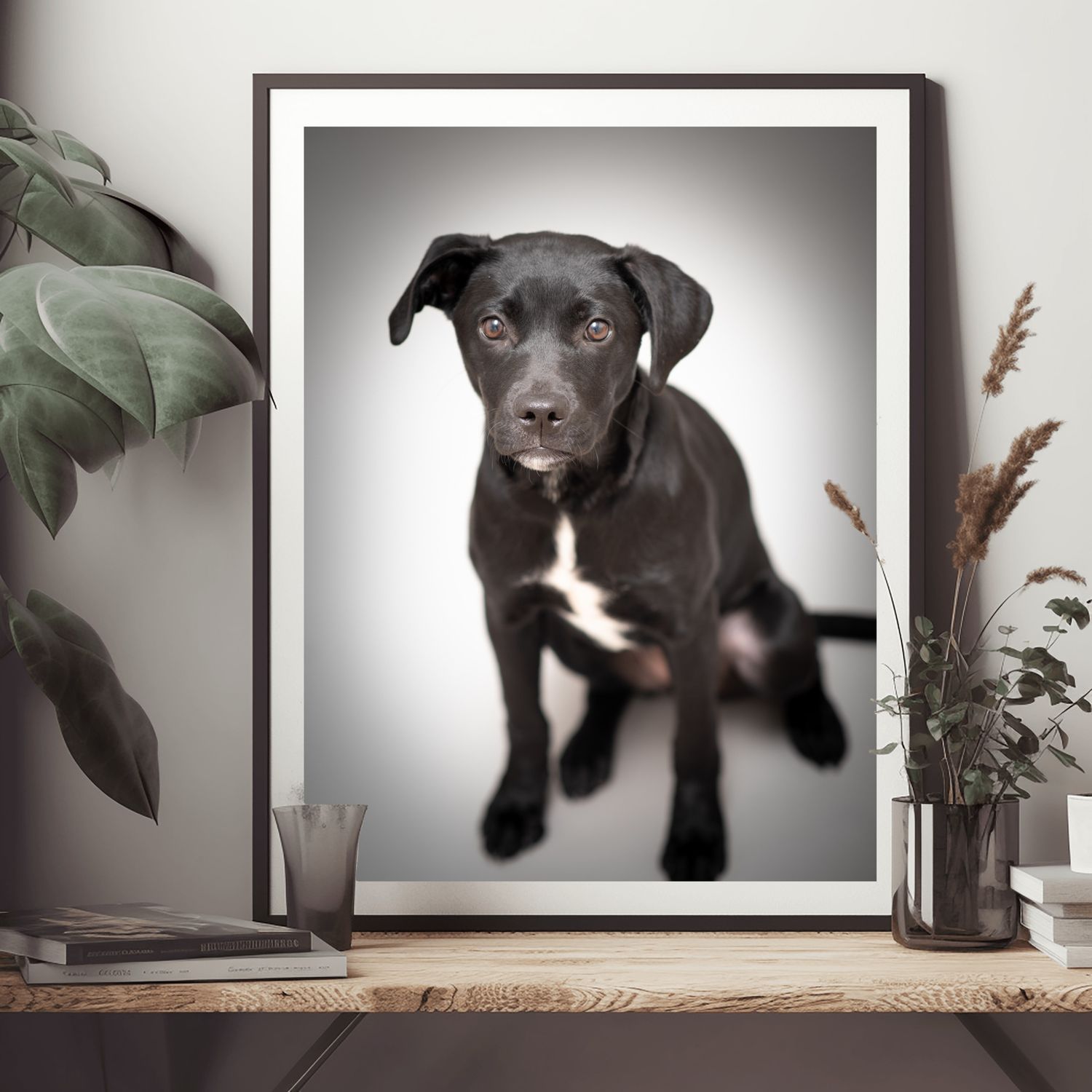 Portrait of a black lab puppy in a frame on a mantel