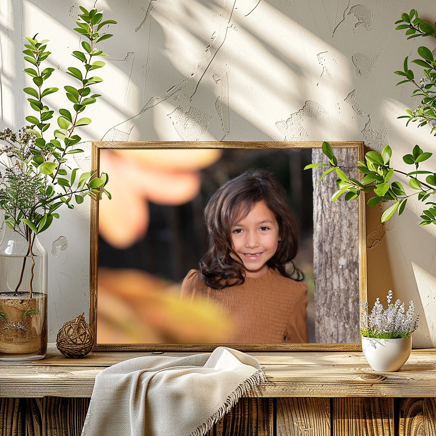 Framed Portrait of girl outdoors with Fall Leaves in the foreground
