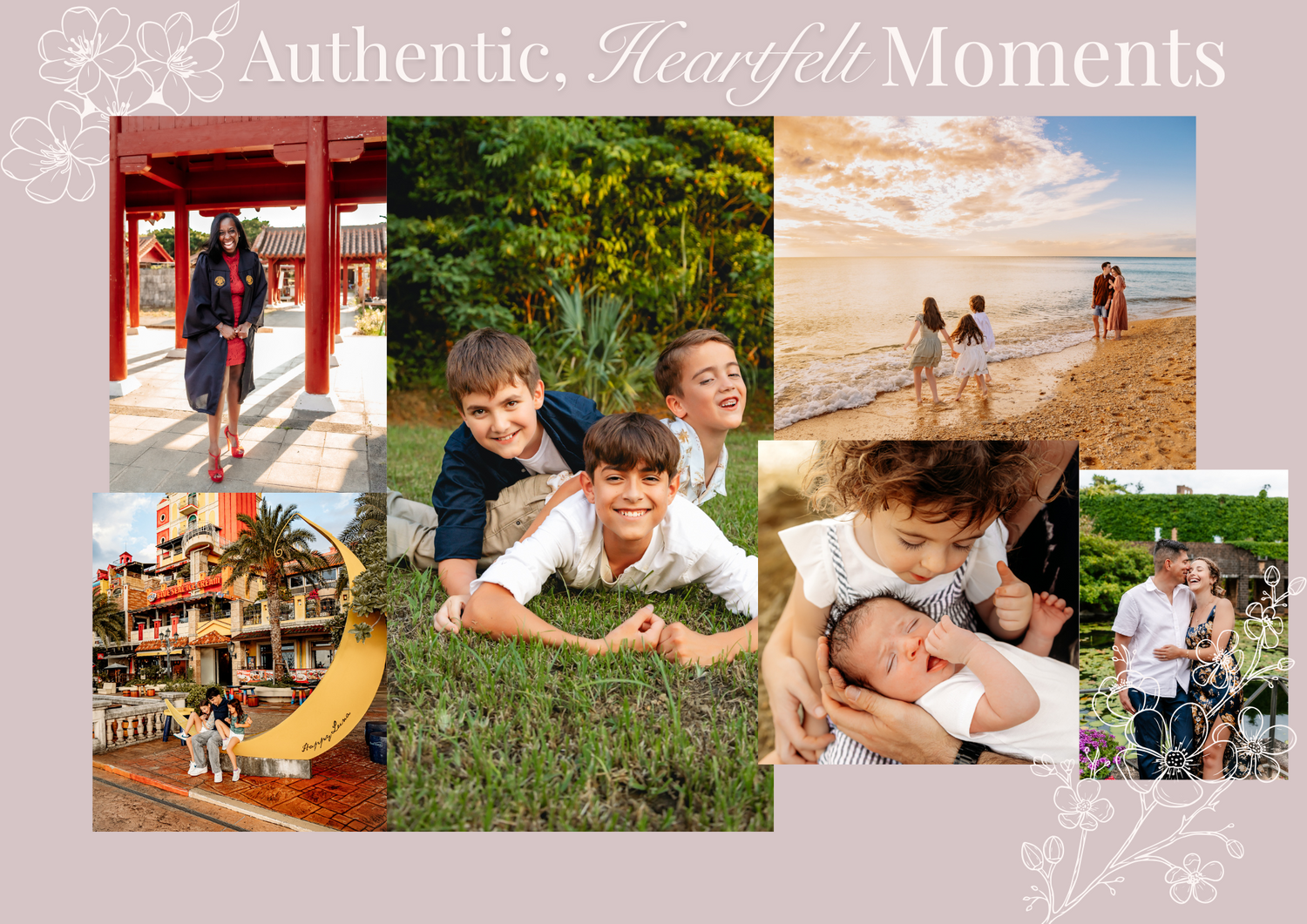 Photo collage display featuring various heartfelt family moments and outdoor portraits.
