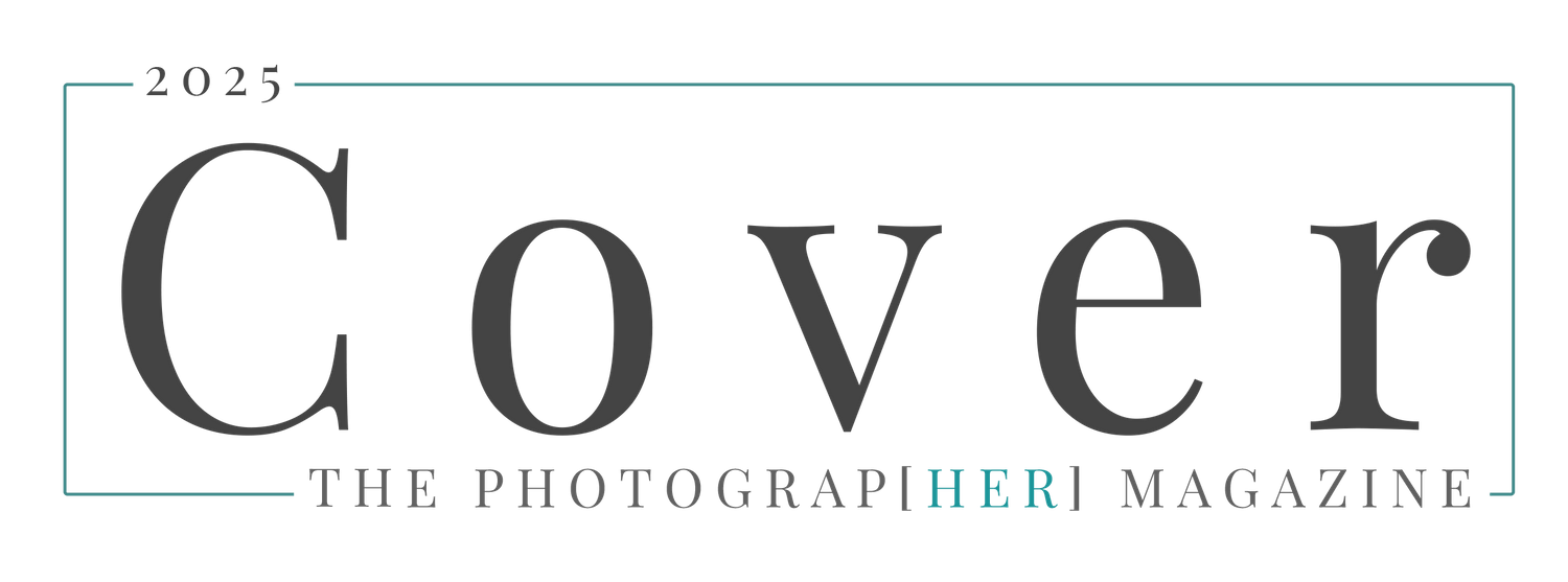 Magazine cover design with gray text 'Cover' and subtitle 'The photographer magazine' on turquoise background.