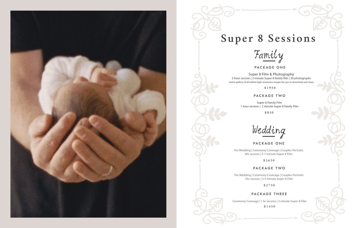 Elegant details card with floral design next to hands holding newborn baby.