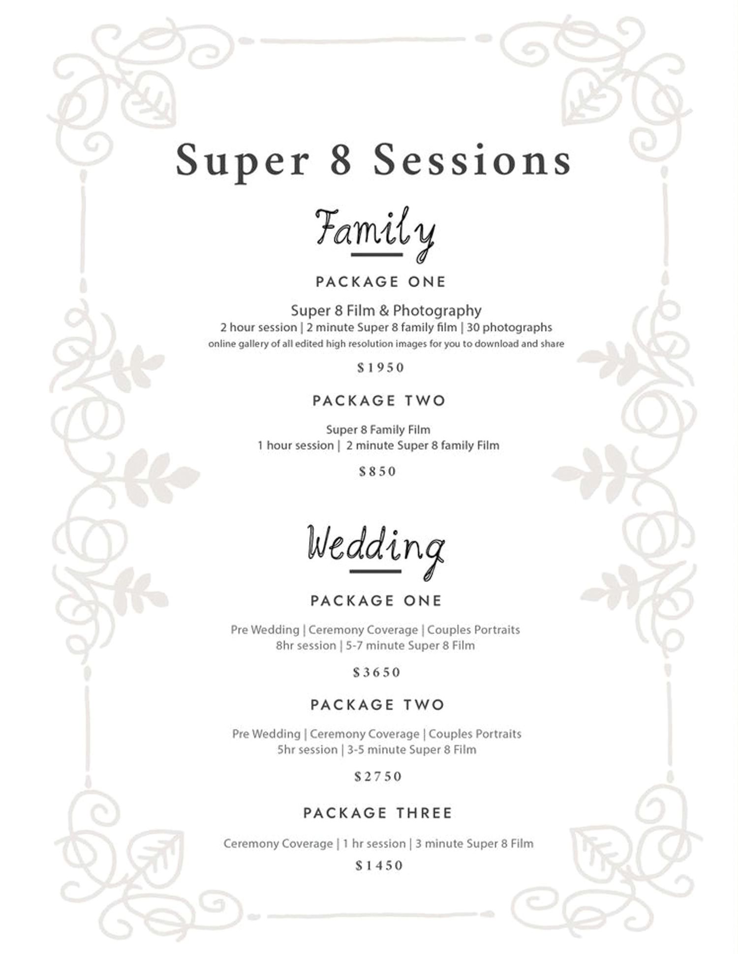 Super 8 Sessions price list featuring Family and Wedding photography packages with film options ranging from $850 to $3650.