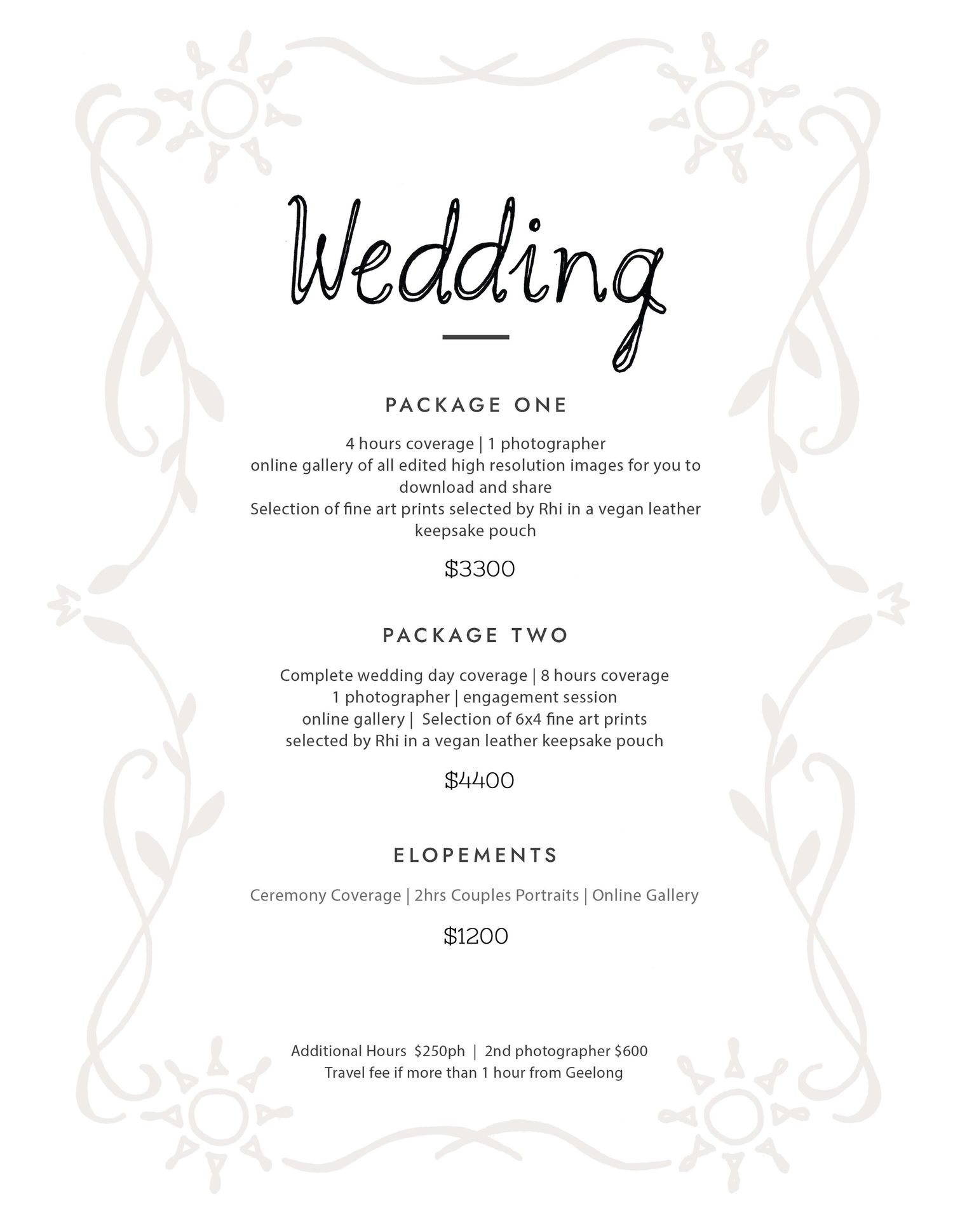 Elegant wedding photography pricing menu showing three packages: Package One $3300, Package Two $4400, and Elopements $1200.