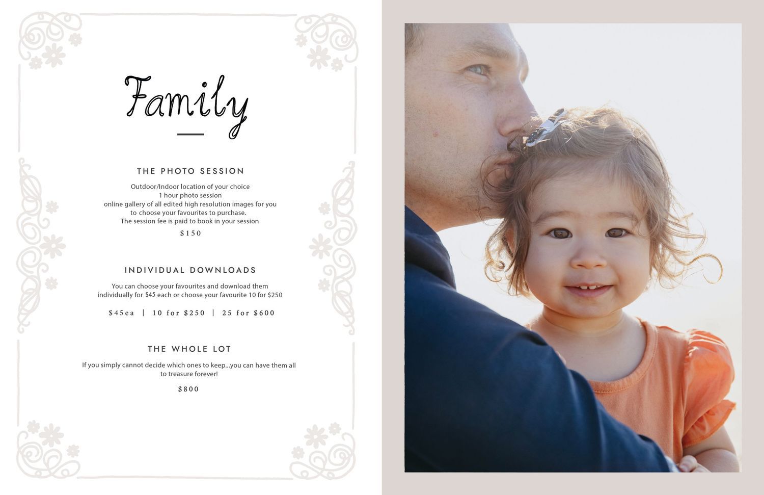 An elegant family photo session announcement design with decorative floral elements.