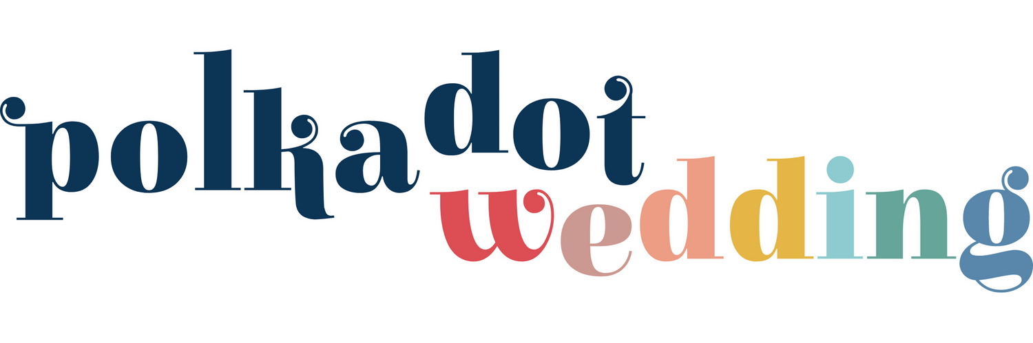 Polka dot wedding logo design featuring blue text and coral red accents on white background.