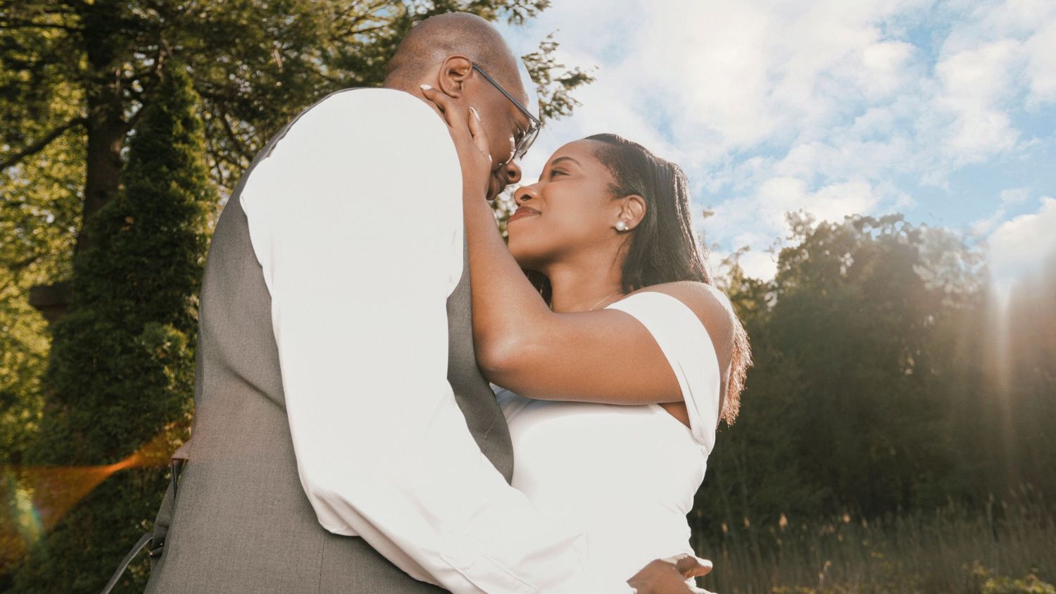 A panoramic series of wedding photos taken outdoors with natural sunlight and trees.