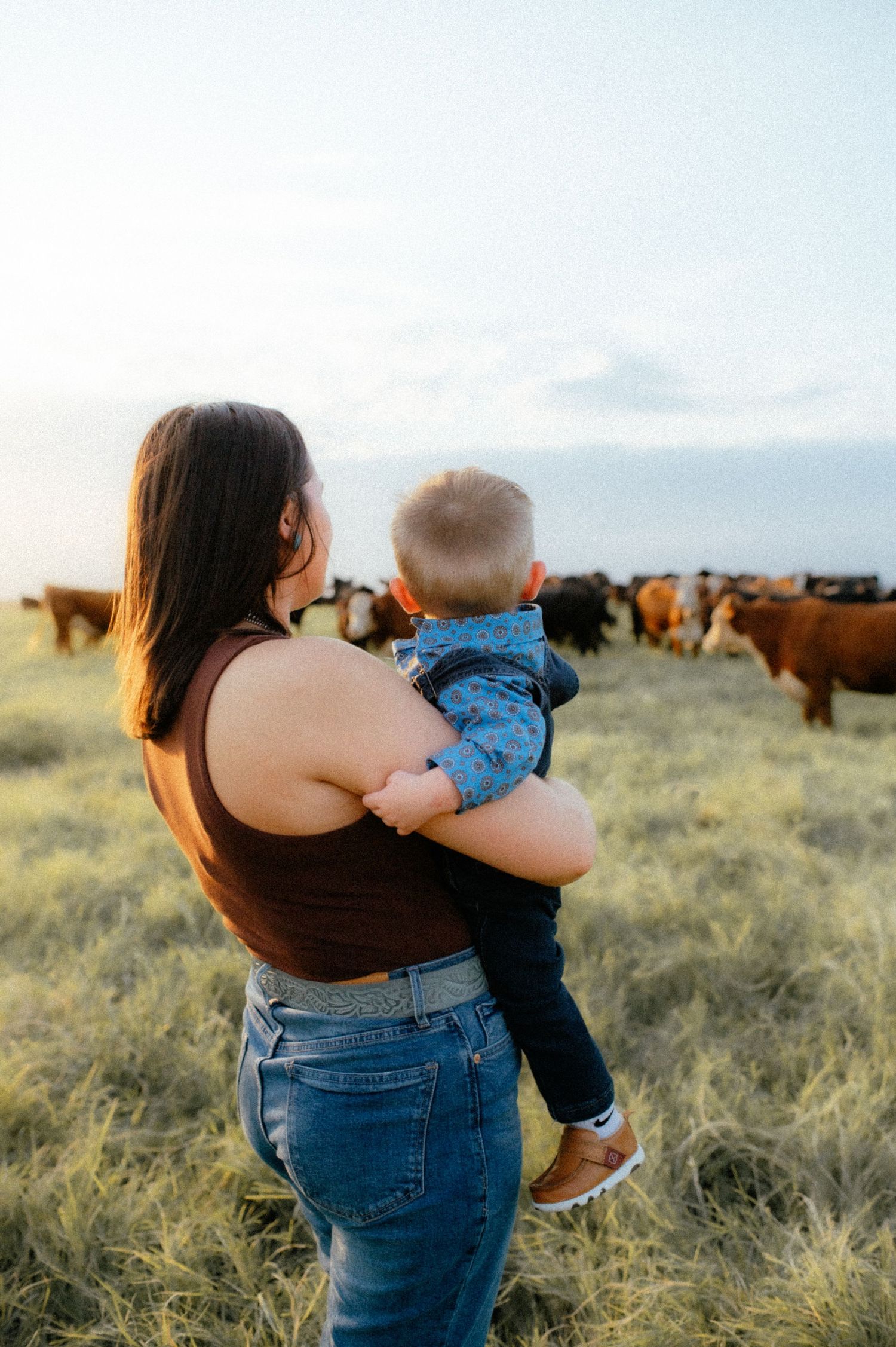 Mom holding her son in a pasture full of cows outside of Enid Oklahoma.