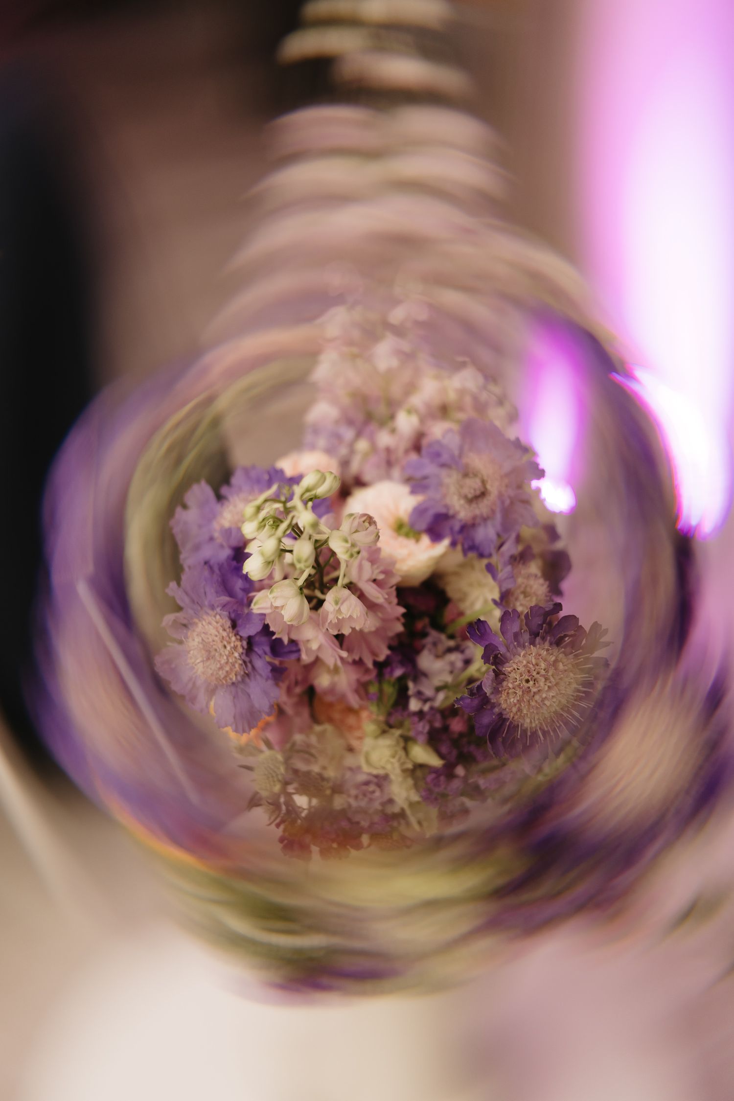 A sequence of abstract floral images showing purple and white flowers with a swirling motion blur effect and pink lighting.