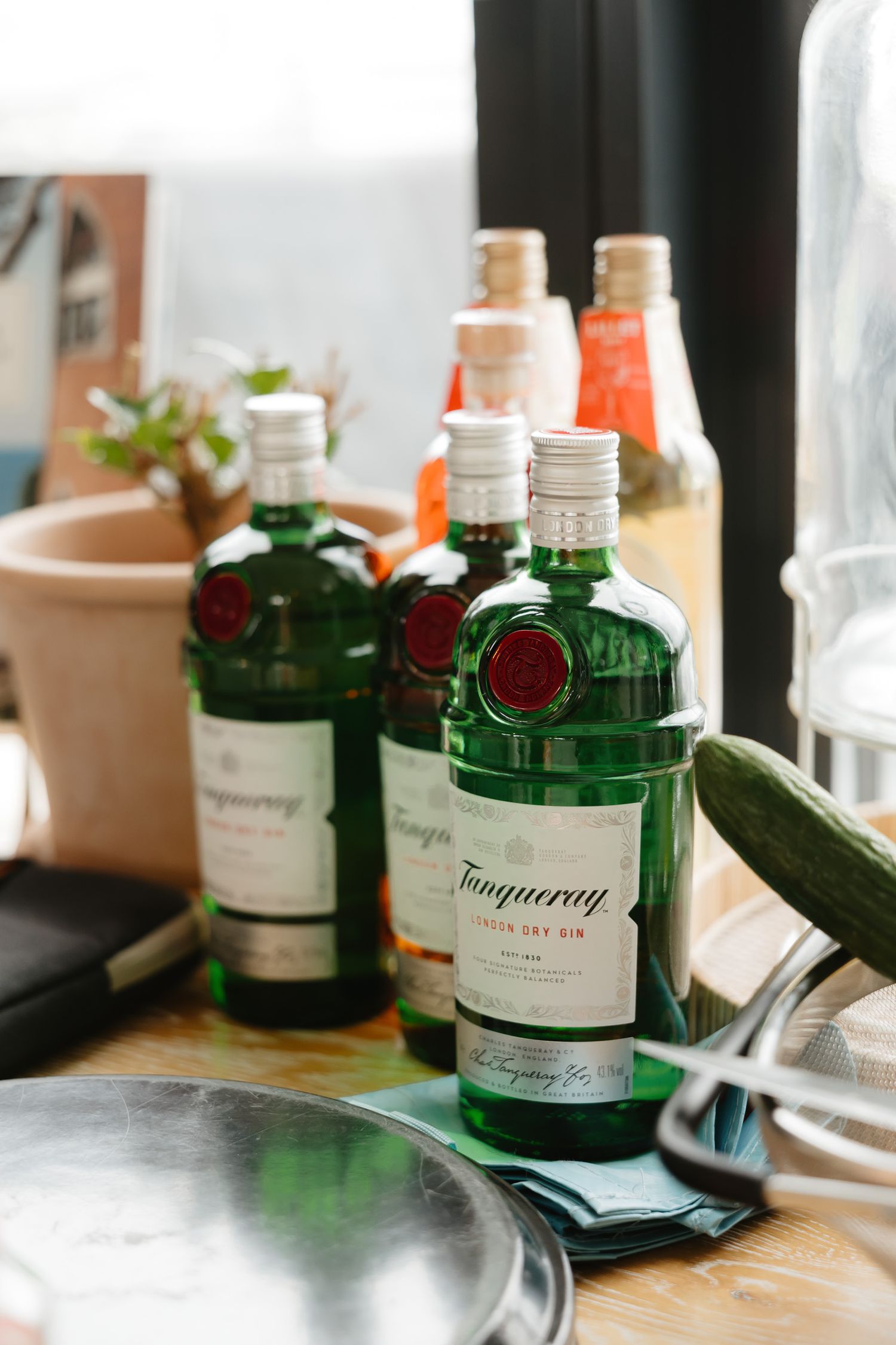 Several green glass Tanqueray gin bottles with red wax seals arranged on a wooden surface in natural lighting.