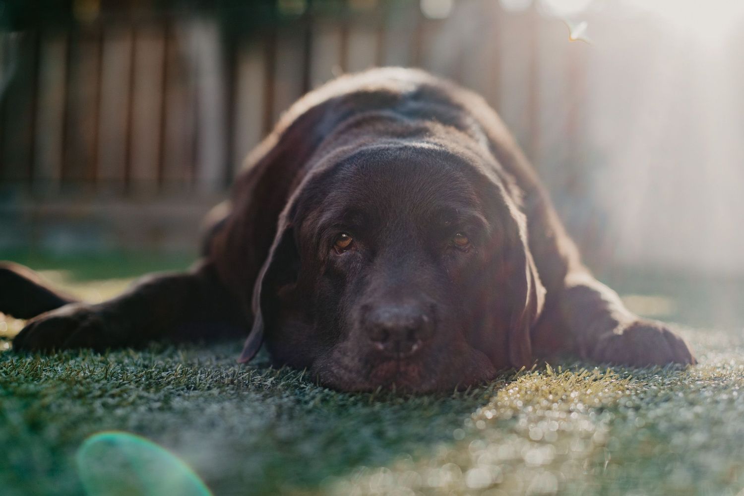 Garfield, soul dog and beloved chocolate Labrador, rests his head on grass in soft sunlight
