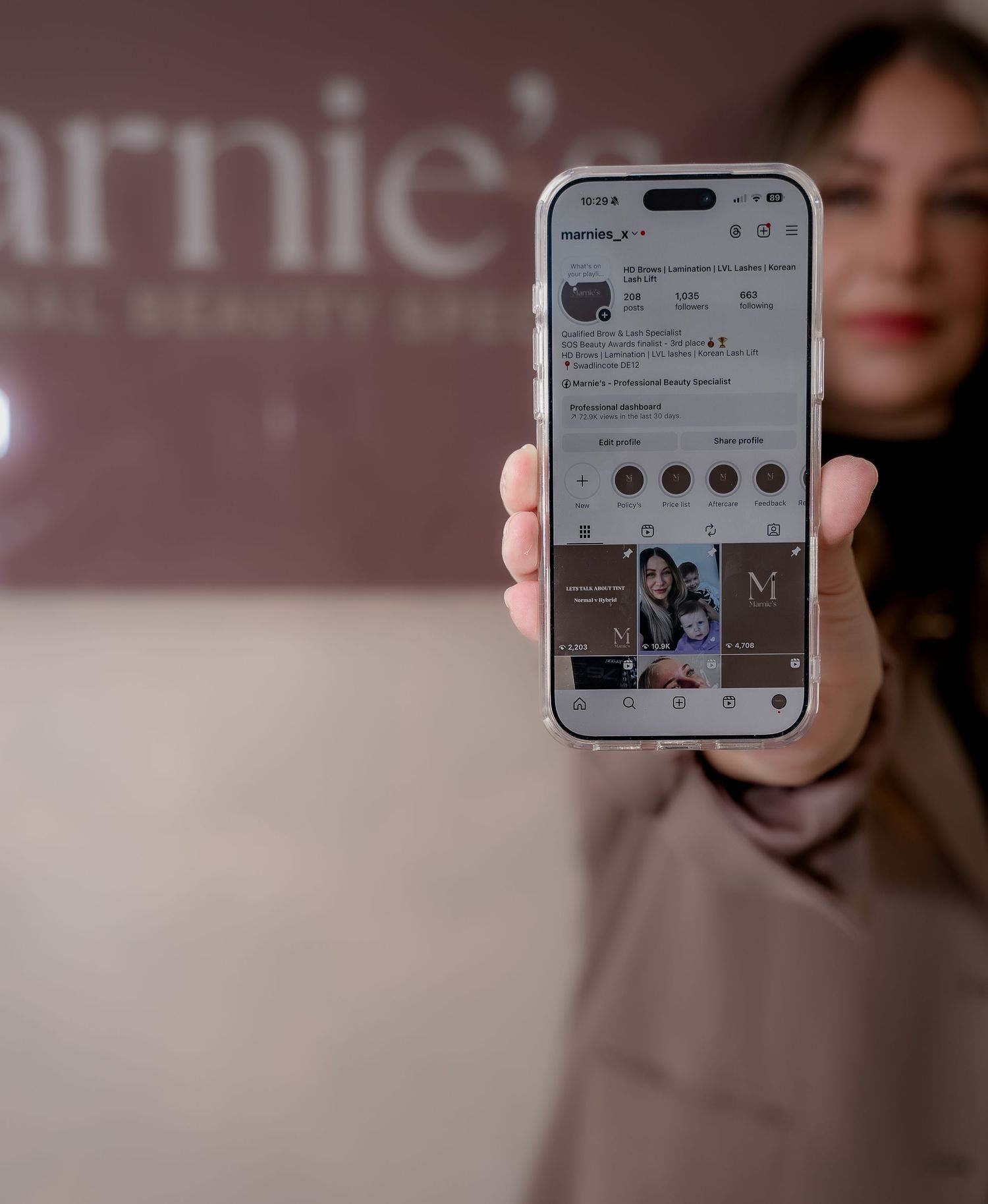a brand photo of a beautician showing her social media account