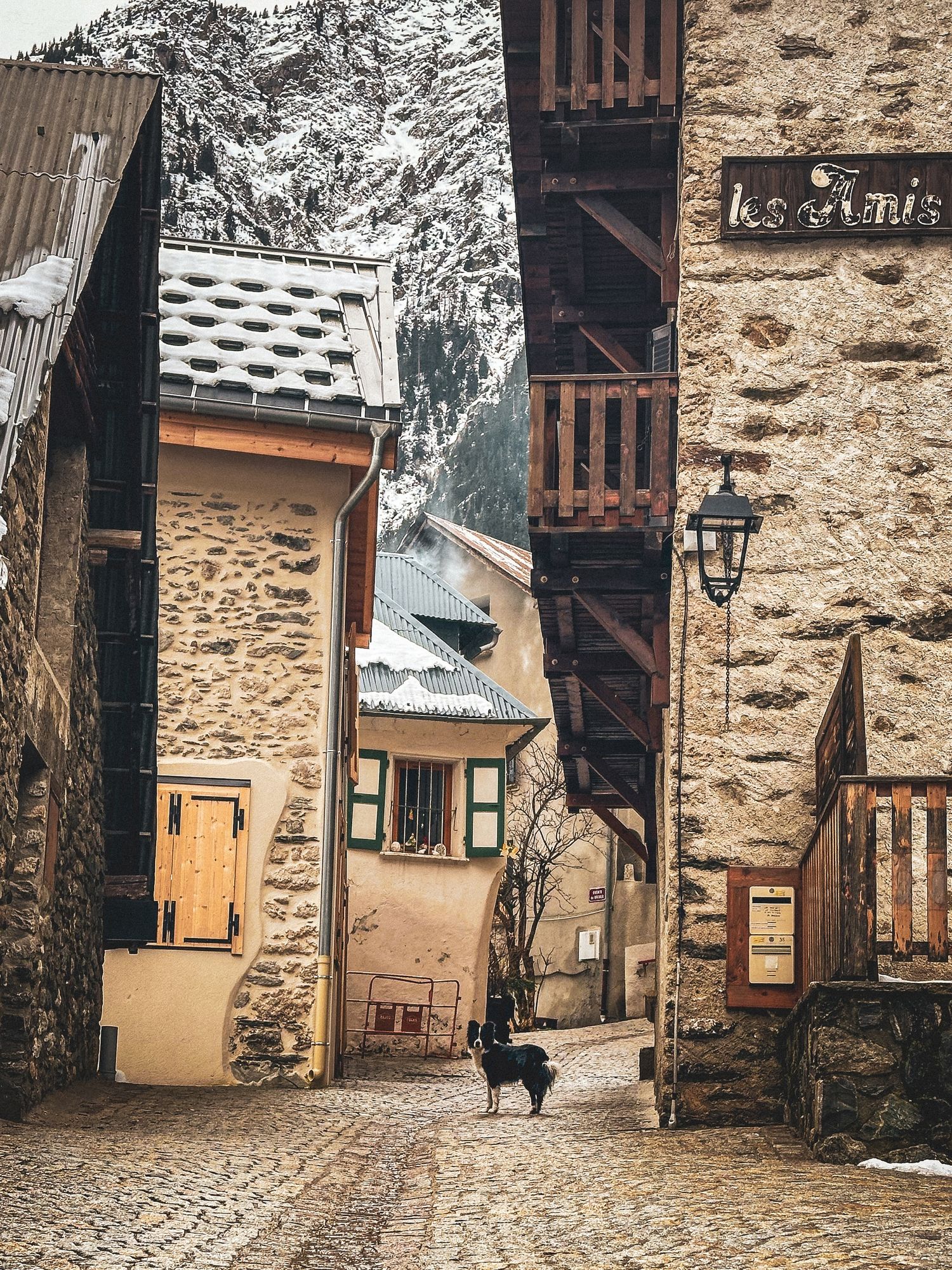 Rustic stone buildings and archways in a snowy medieval village with a black dog walking through.