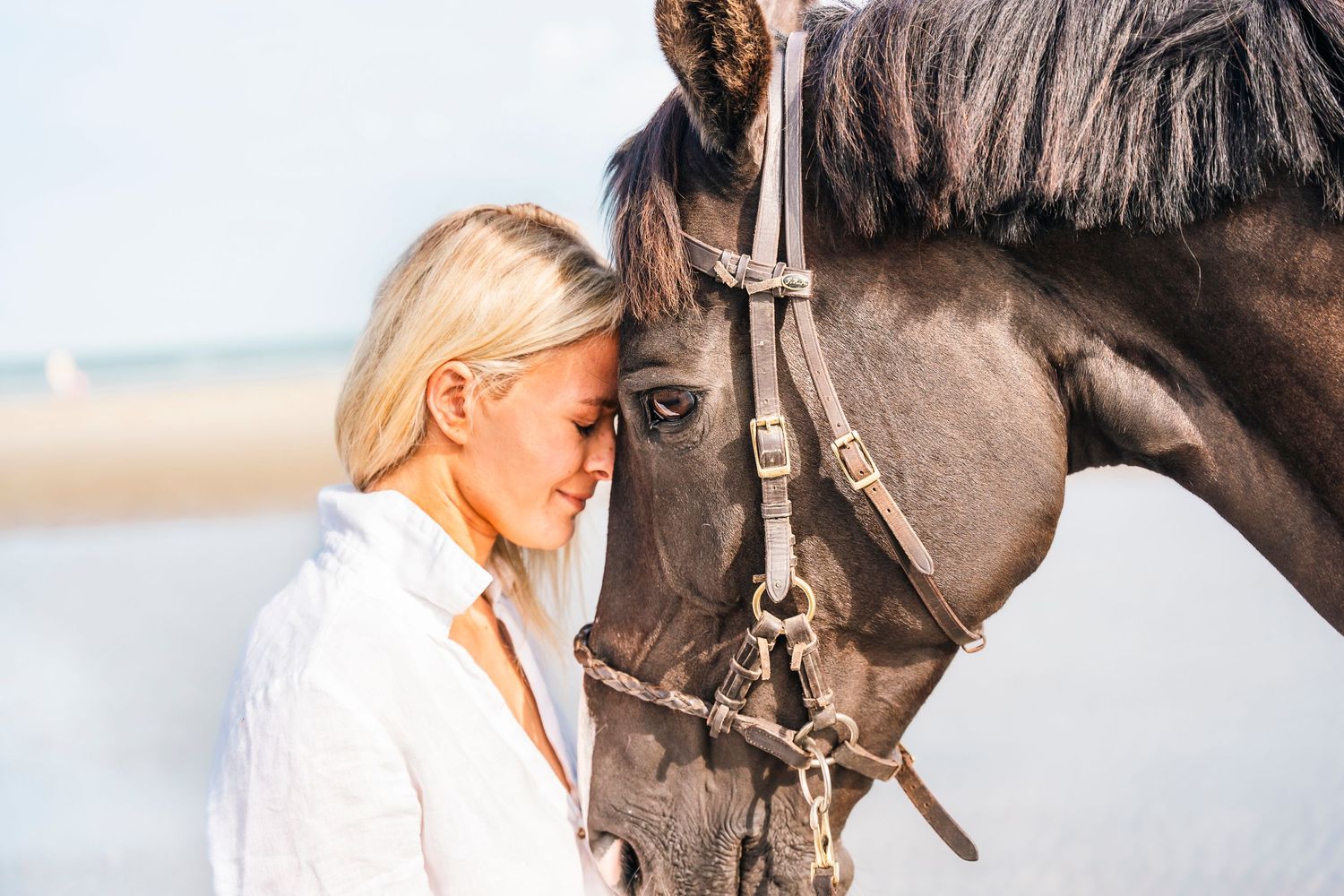 Person in white shirt standing close to a dark horse on a beach with soft lighting.