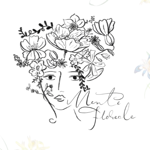 Abstract artistic line drawing of a silhouette with curly flowing hair and floral elements in black and white.