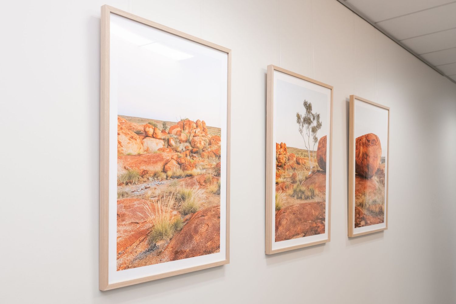 Art gallery interior showing a series of framed landscape photographs displayed in a row on a white wall.