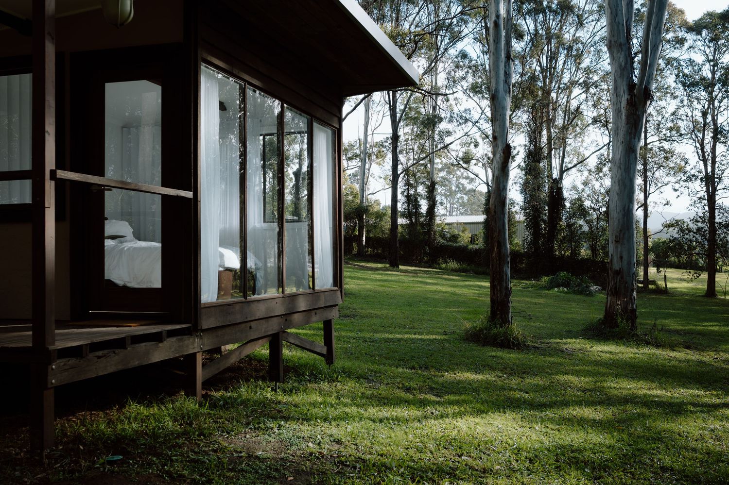 Glass-walled cabin retreat surrounded by tall eucalyptus trees on lush green lawn with scenic countryside views.