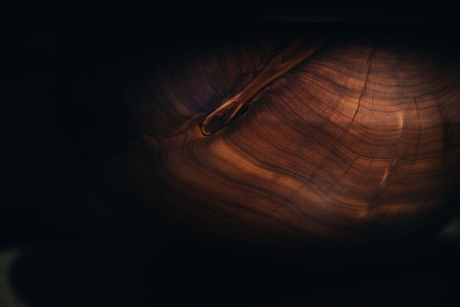 Dark abstract background with warm brown swirls and curves creating a dynamic flowing pattern in dramatic lighting.