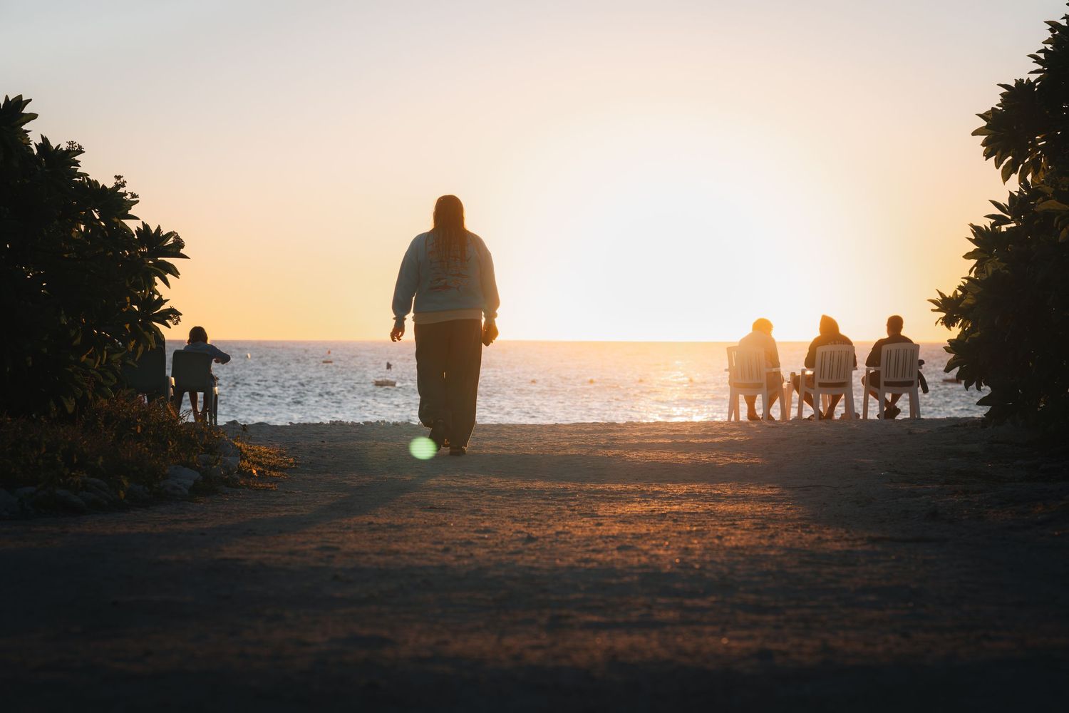 Silhouettes of people walking up a grassy hill against a golden sunset sky.