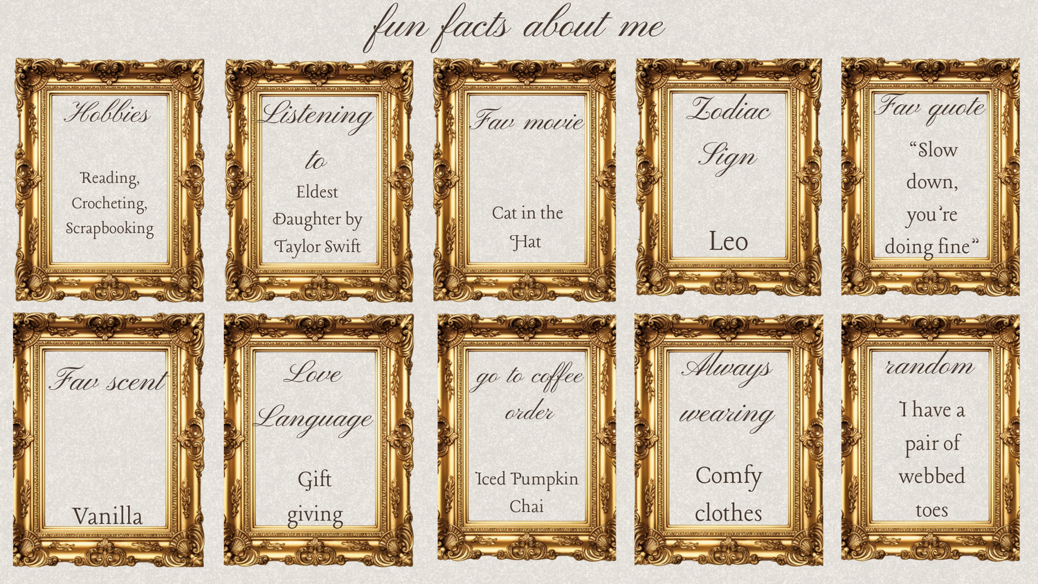 Decorative vintage-style frames displaying fun facts and text arranged in a horizontal grid pattern.