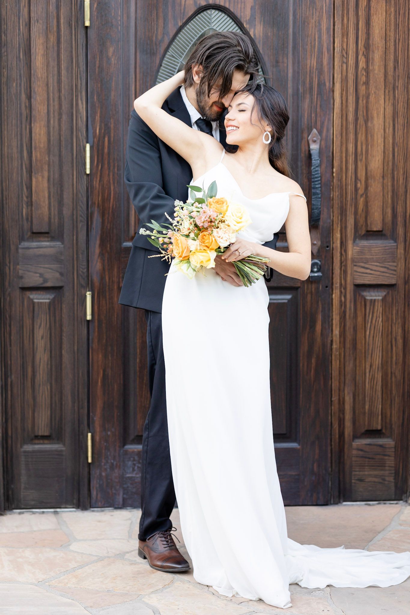A series of romantic wedding photos showing a couple in white dress and dark suit against wooden doors.
