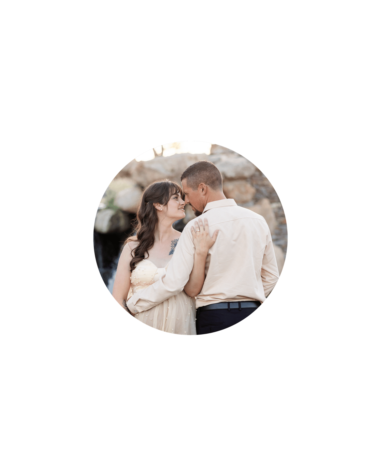 A romantic couple shares tender moments in a soft, dreamy outdoor setting with oval-framed compositions.