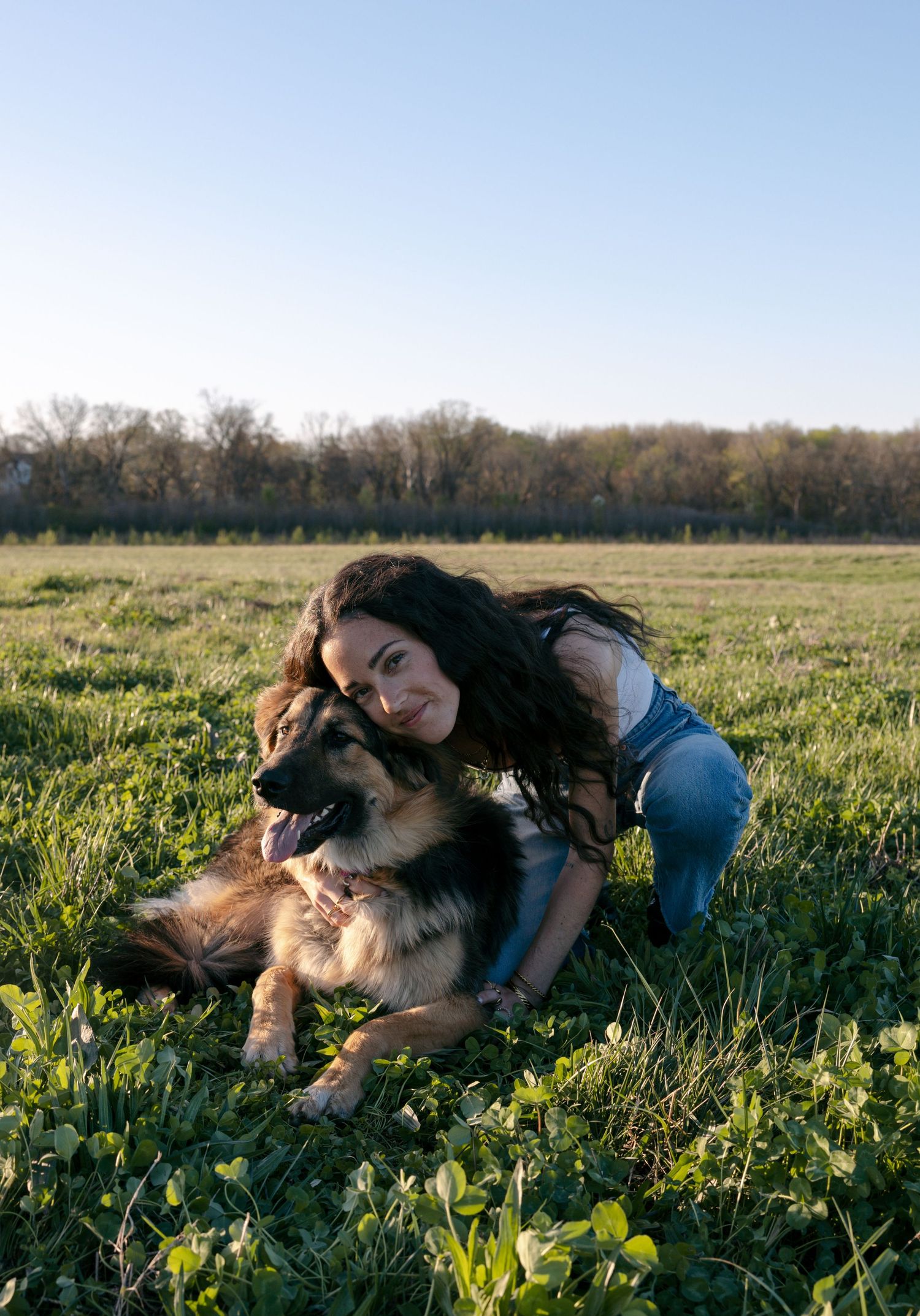 A person and German Shepherd dog lying together in a sunny meadow filled with yellow wildflowers.