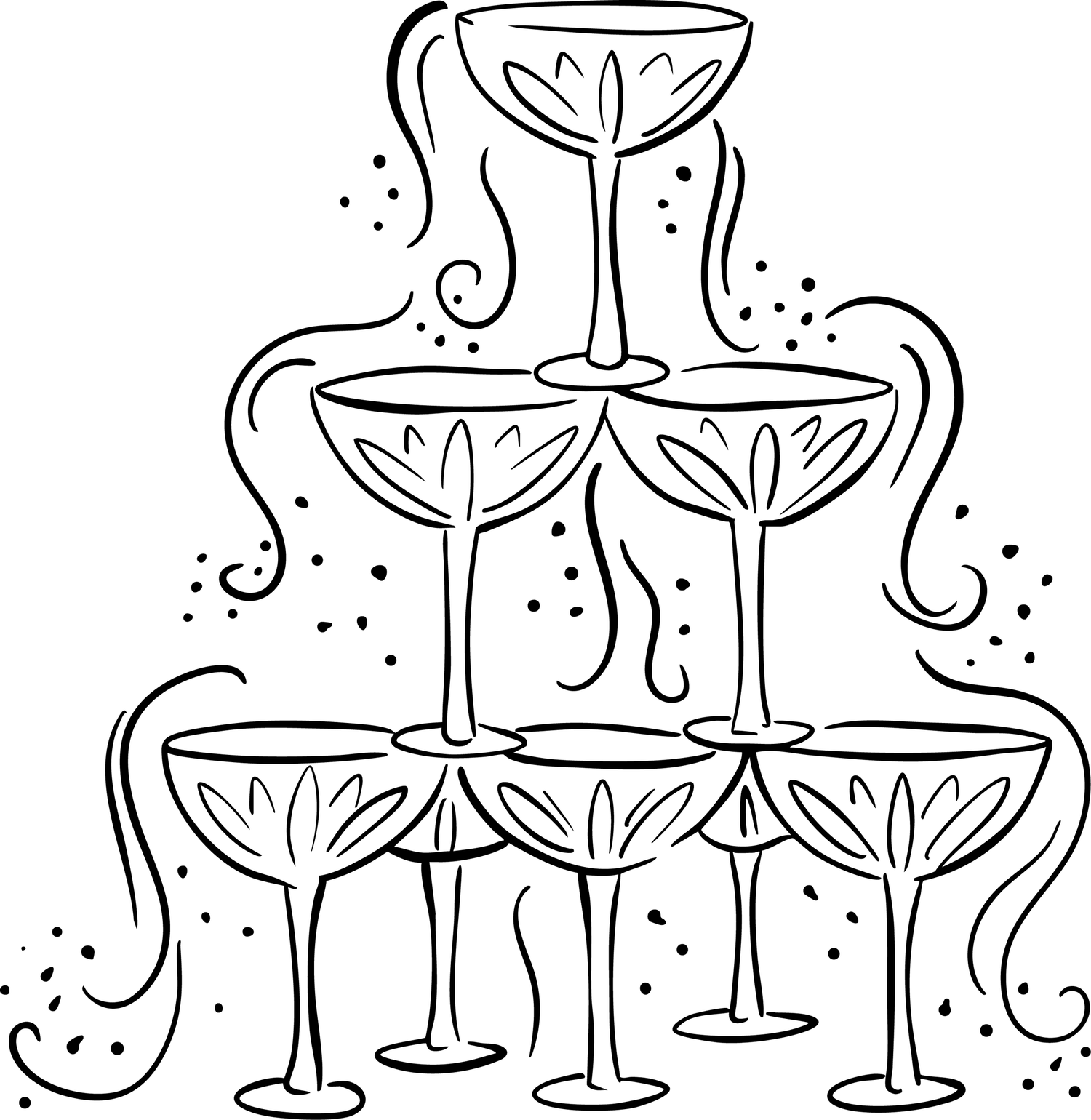Line drawing of champagne glasses arranged in pyramid formation with decorative swirls.