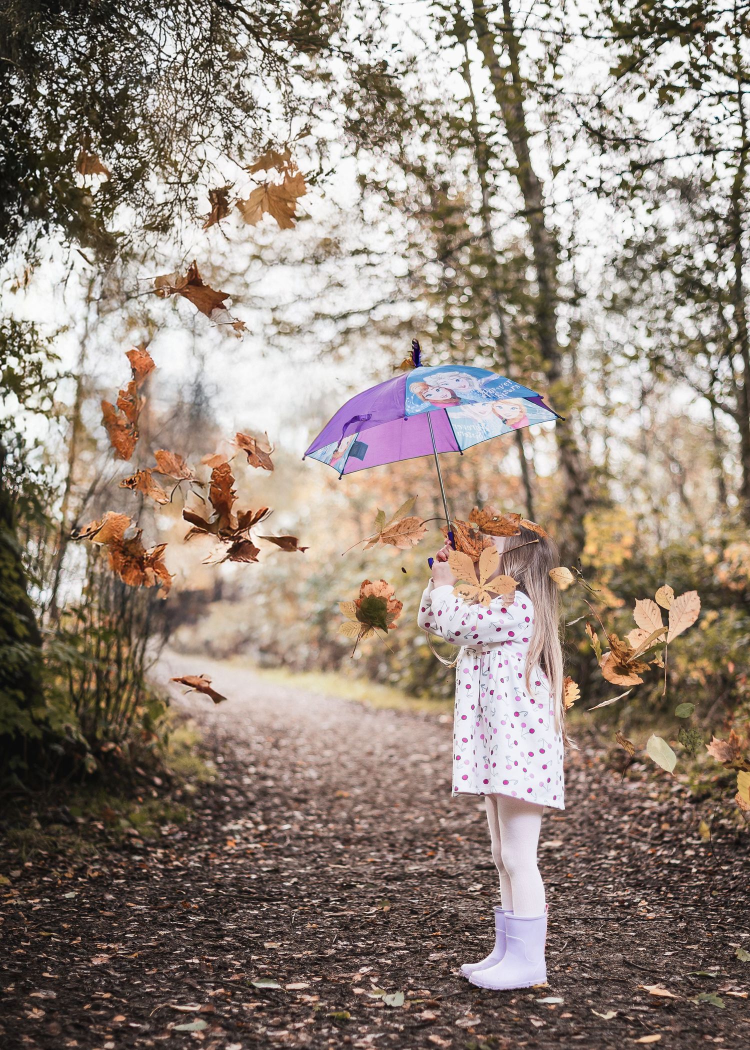 A purple umbrella shelters someone in a polka dot dress as autumn leaves swirl through the air. Ephemera.